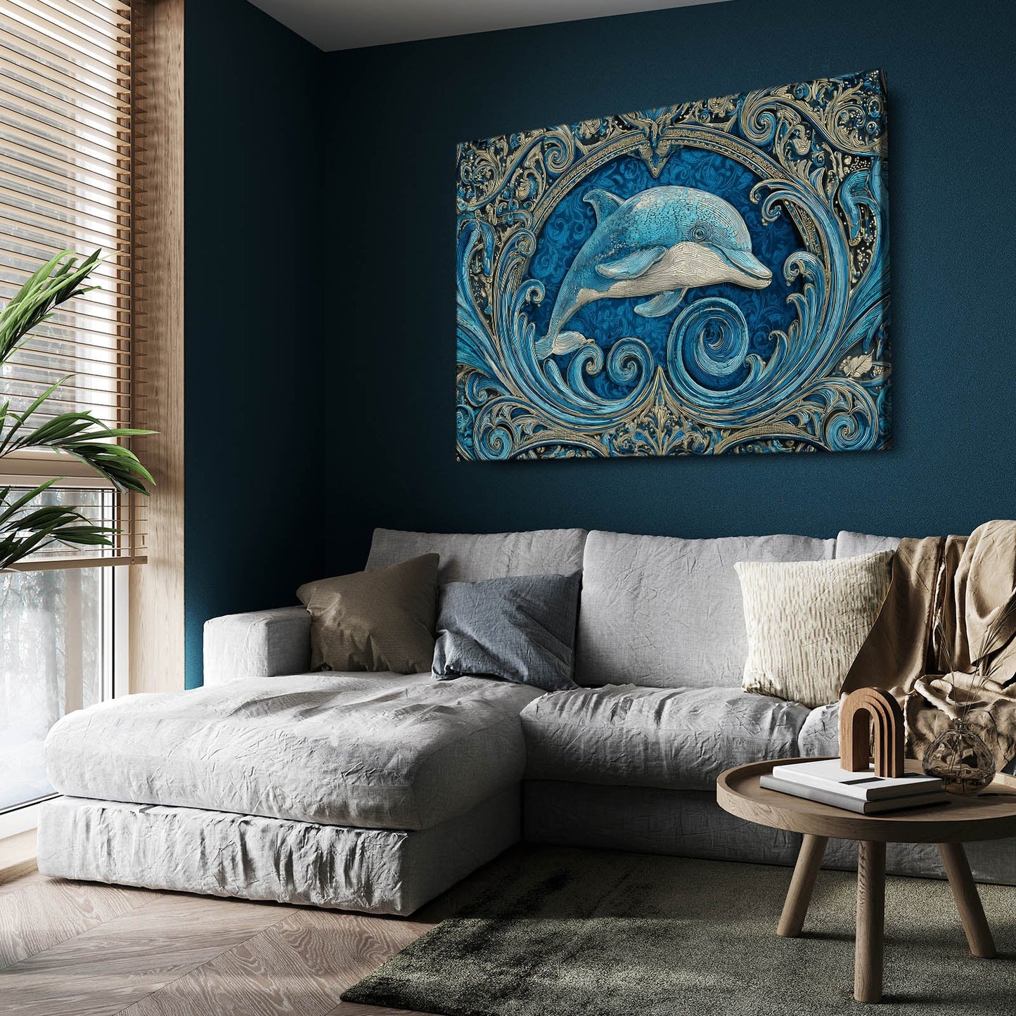 Teal Relief Dolphin Canvas – styled in a furnished interior
