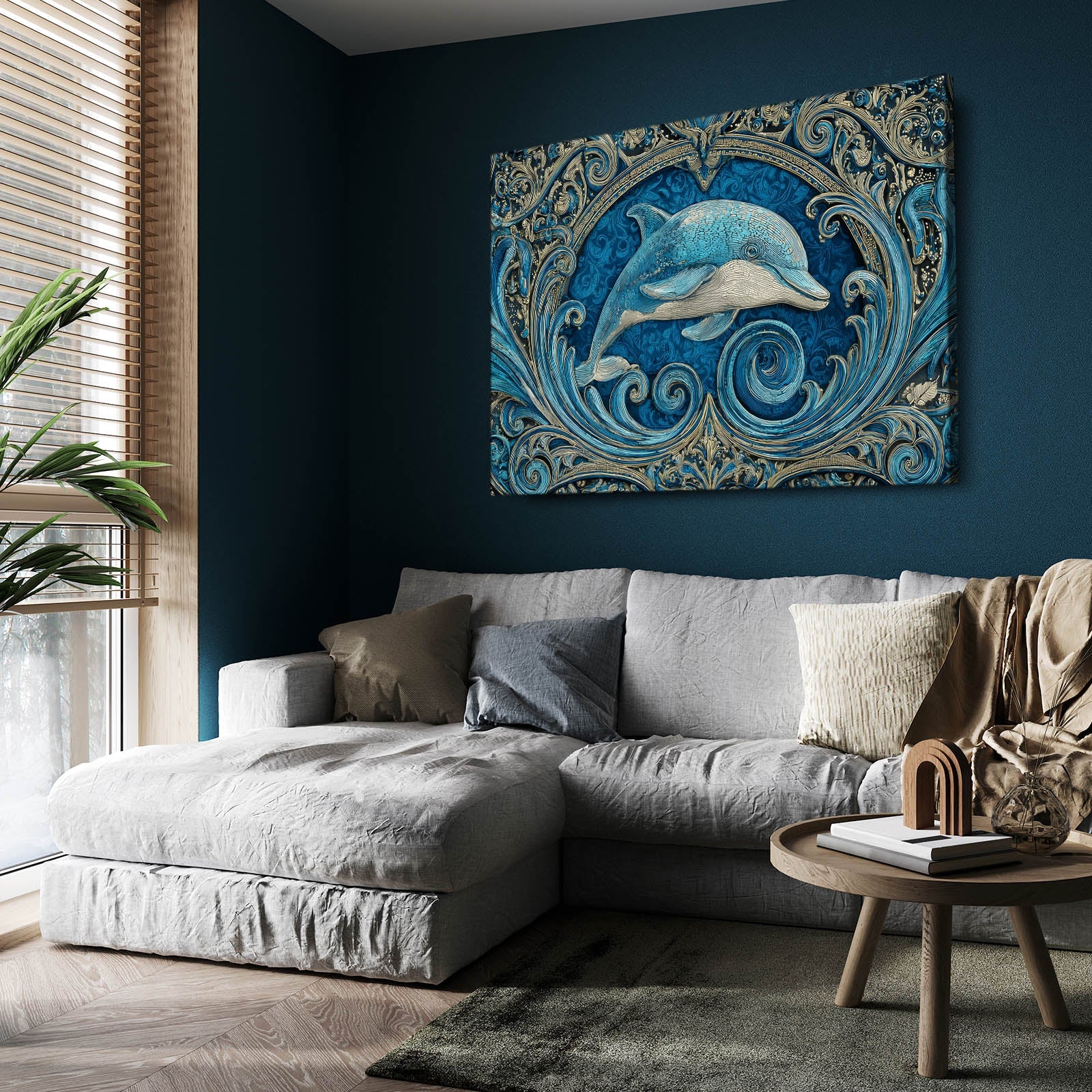 Teal Relief Dolphin Canvas – styled in a furnished interior