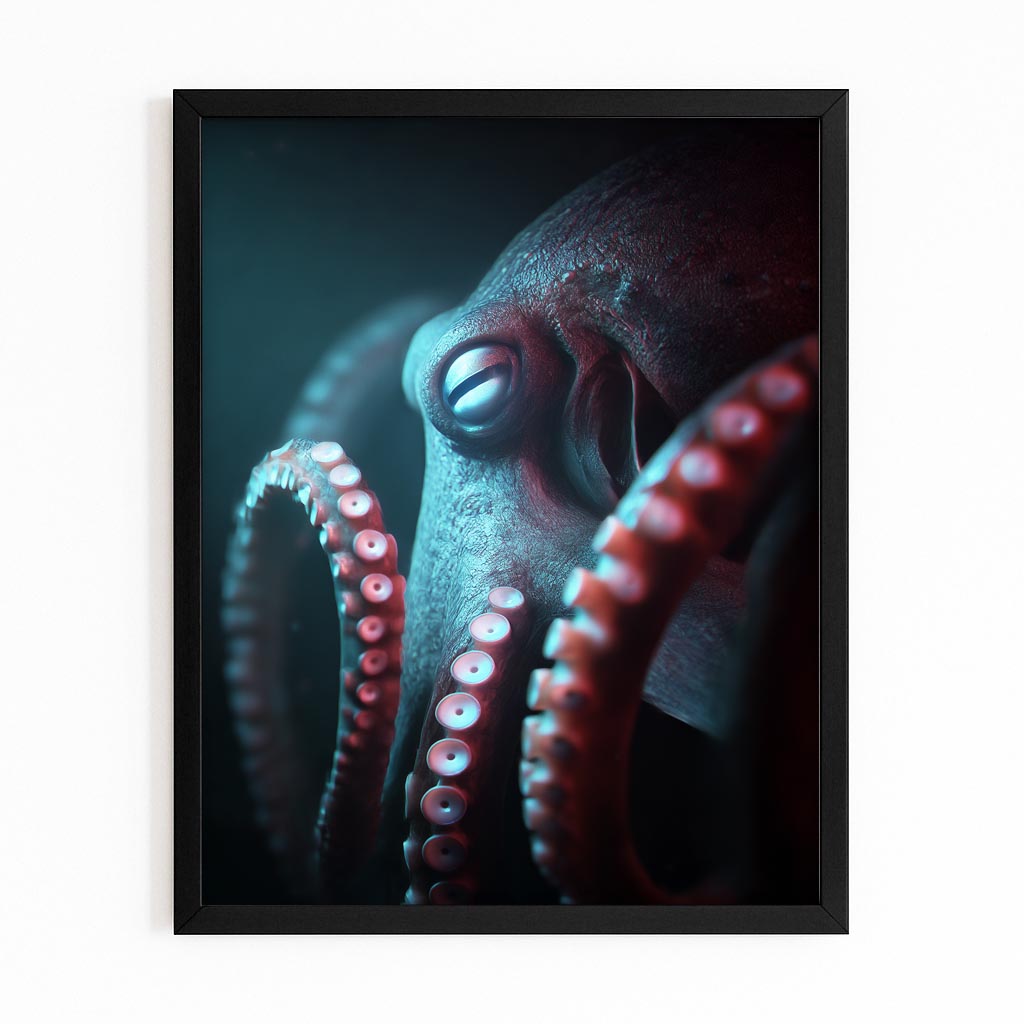 Teal Shadow Depth Octopus Canvas – with Premium Black frame on white background