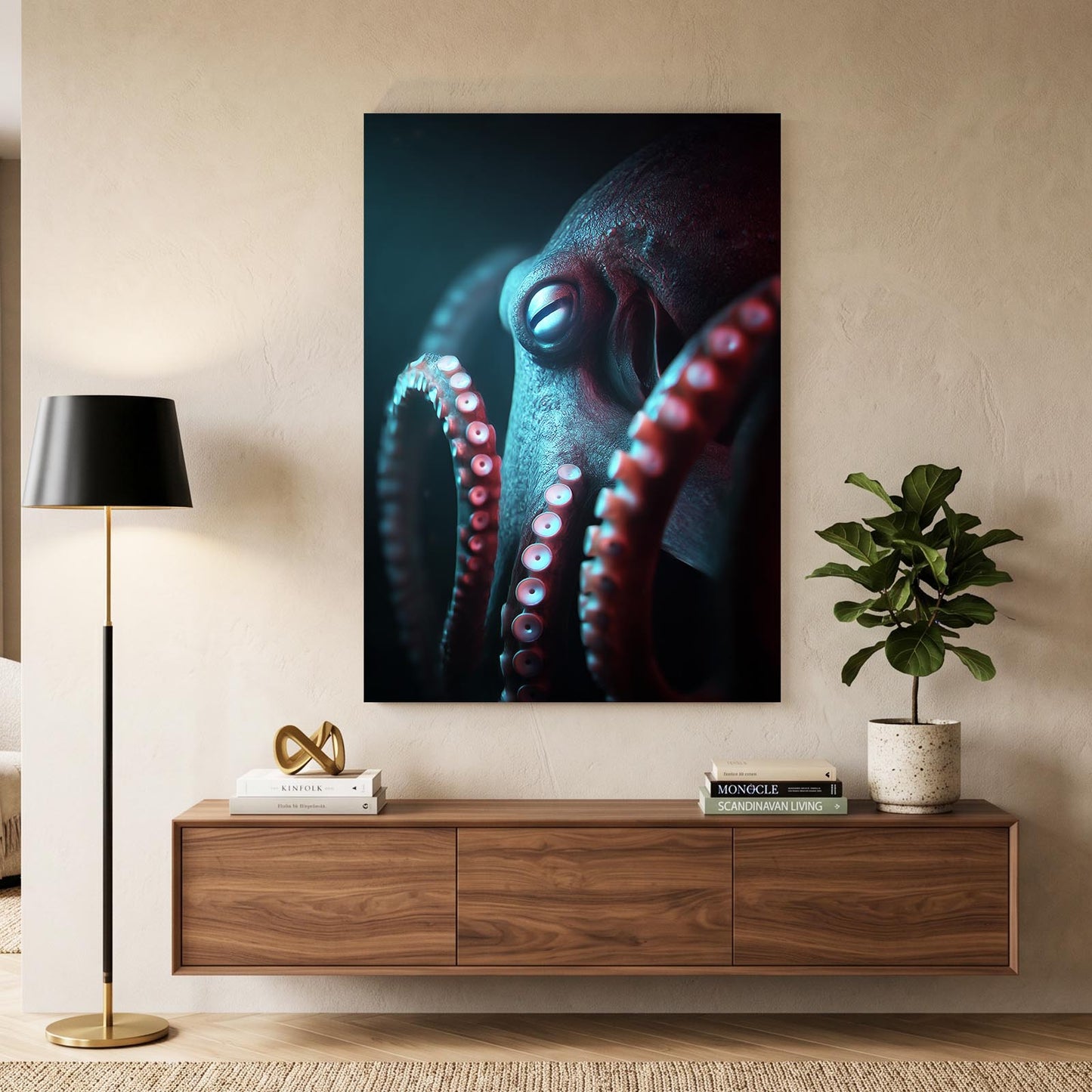 Teal Shadow Depth Octopus Canvas – styled in a furnished interior