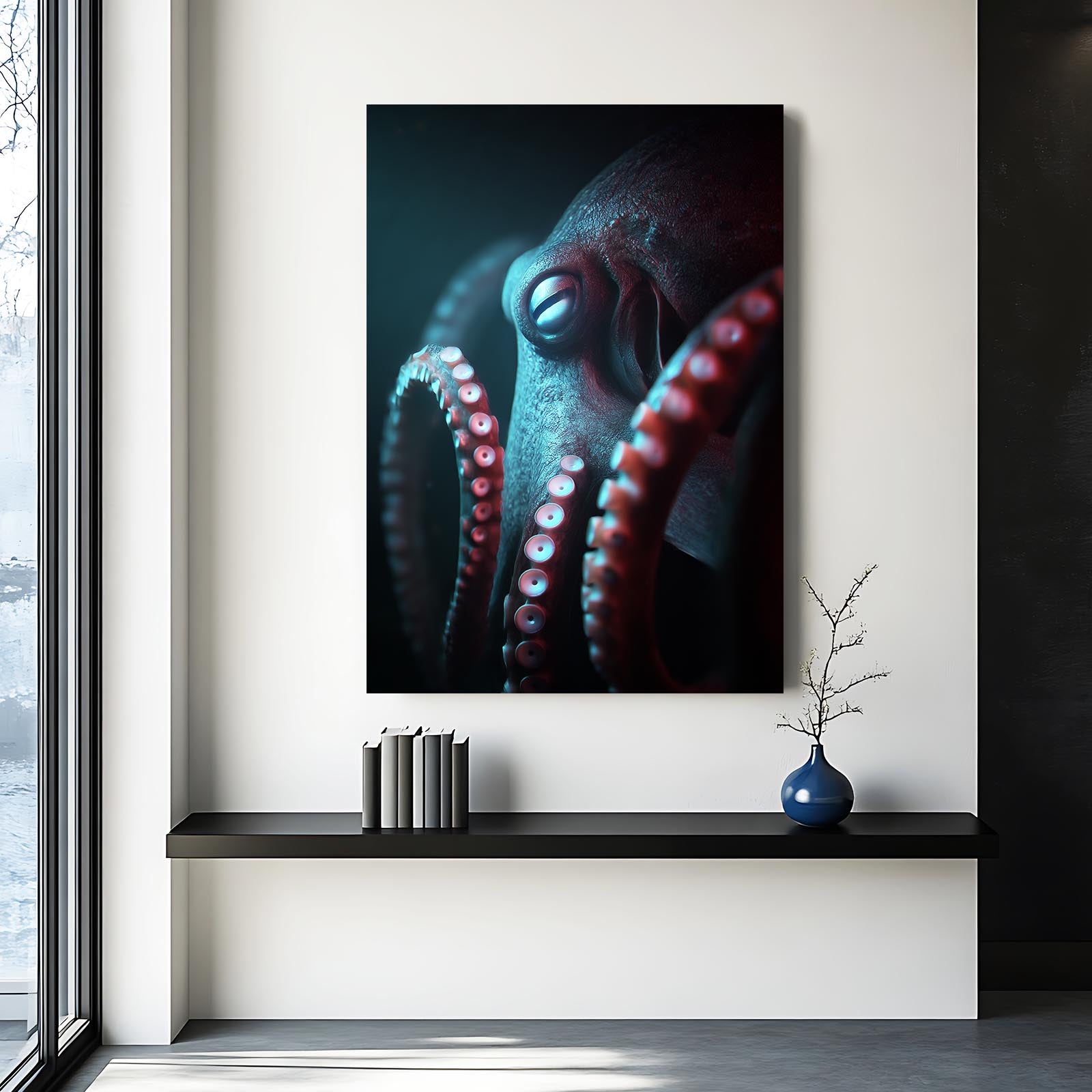 Teal Shadow Depth Octopus Canvas – styled in a furnished interior