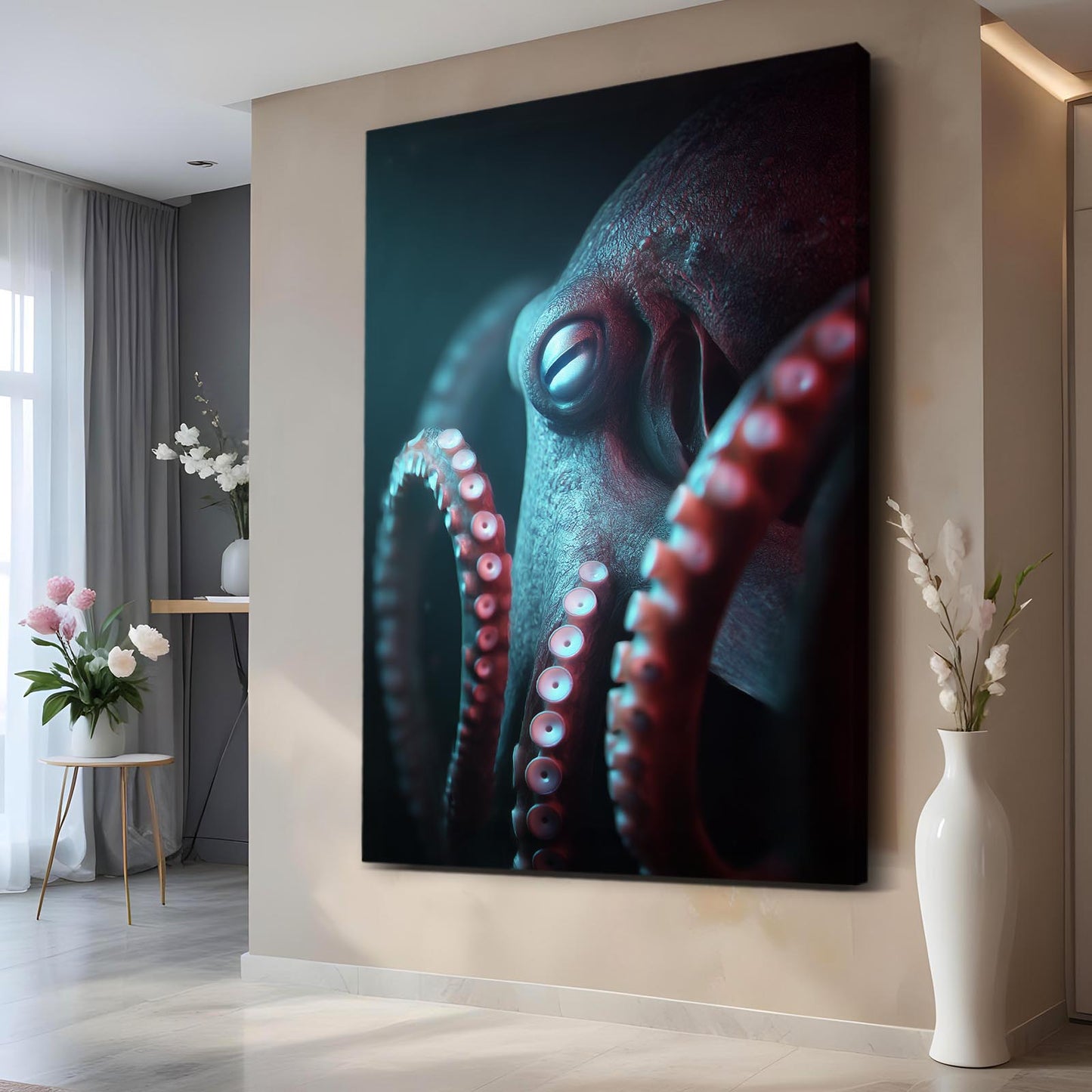 Teal Shadow Depth Octopus Canvas – styled in a furnished interior