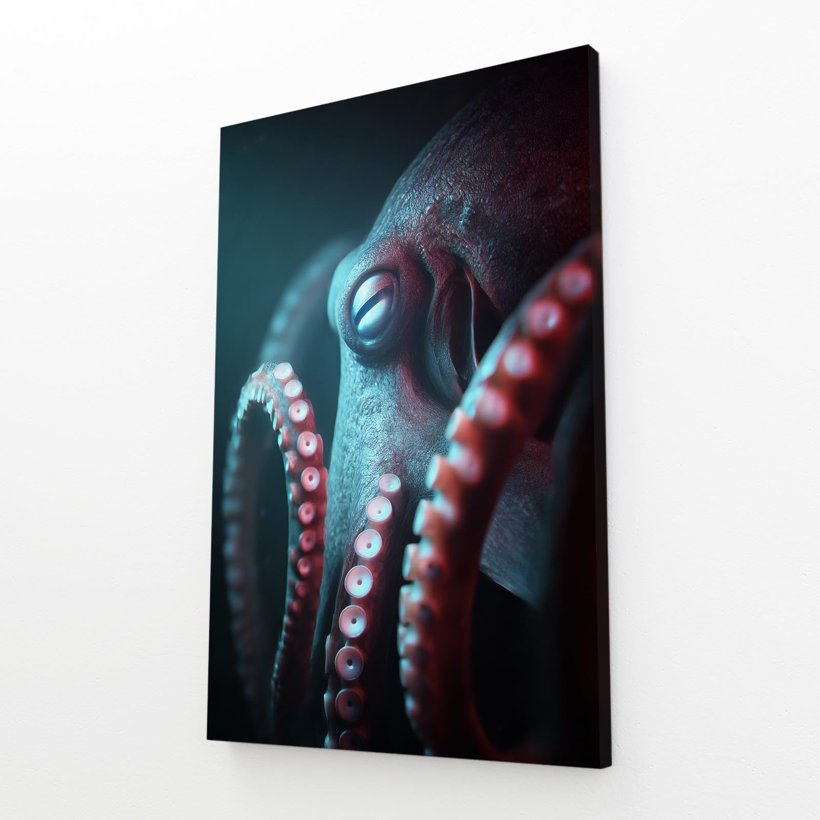 Teal Shadow Depth Octopus Canvas – angled canvas view on white background