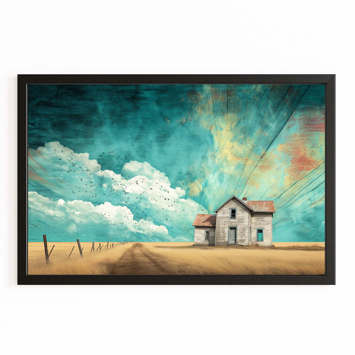 Teal Sky Farmhouse Farmhouse Canvas – with Premium Black frame on white background