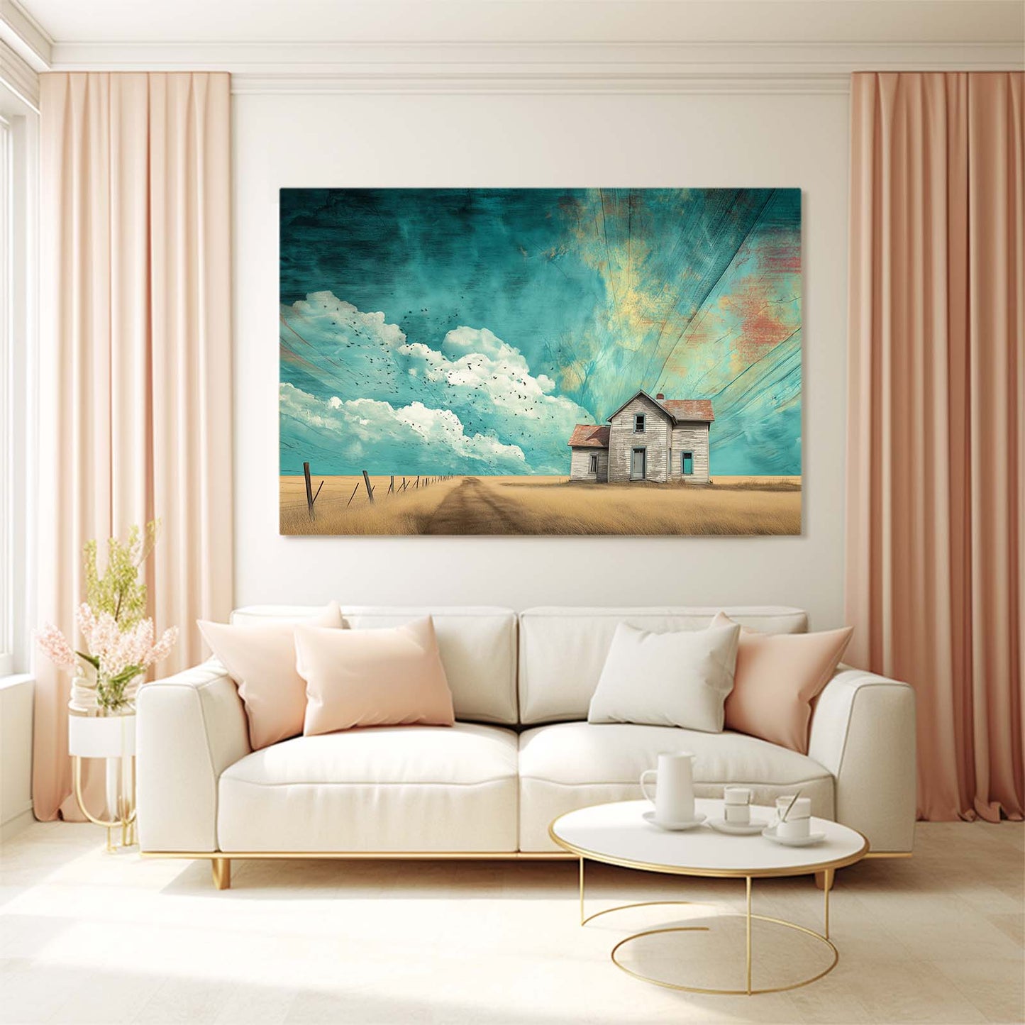 Teal Sky Farmhouse Farmhouse Canvas – styled in a furnished interior
