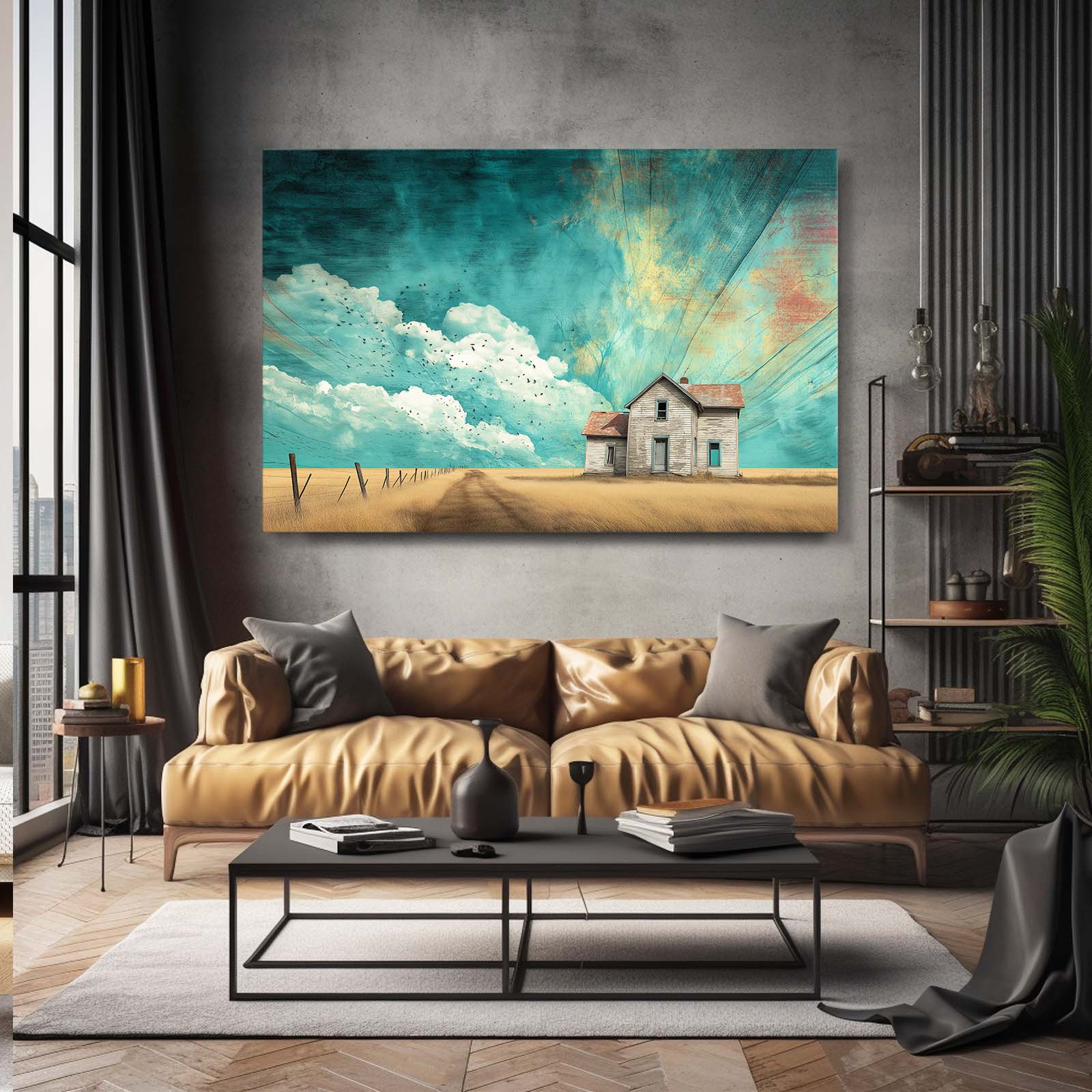 Teal Sky Farmhouse Farmhouse Canvas – styled in a furnished interior
