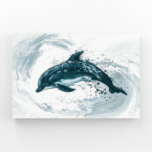 Teal Swirl Dolphin Art – teal ink dolphin curling inside a swirl of soft grey and white wash