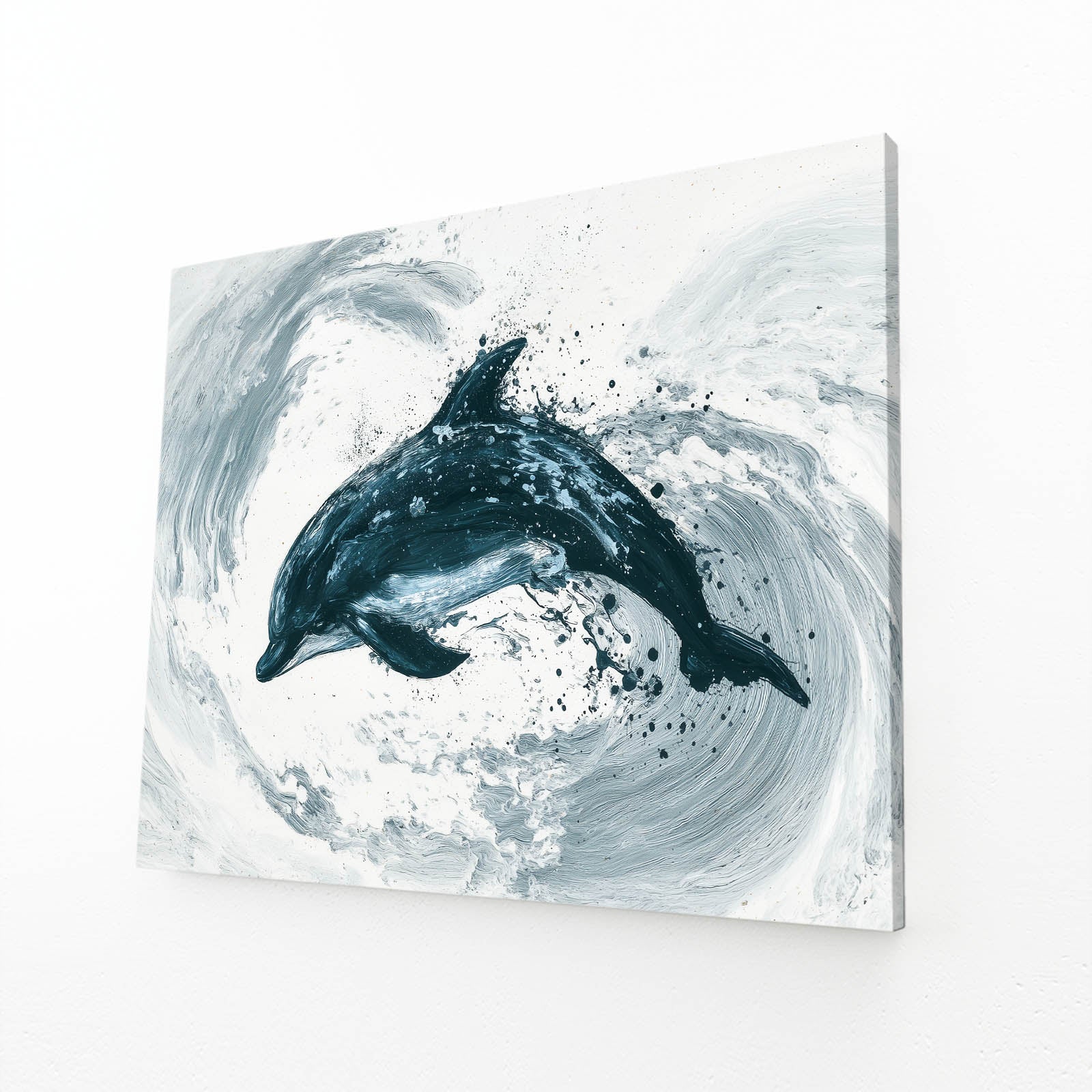Teal Swirl Dolphin Art – angled canvas view on white background