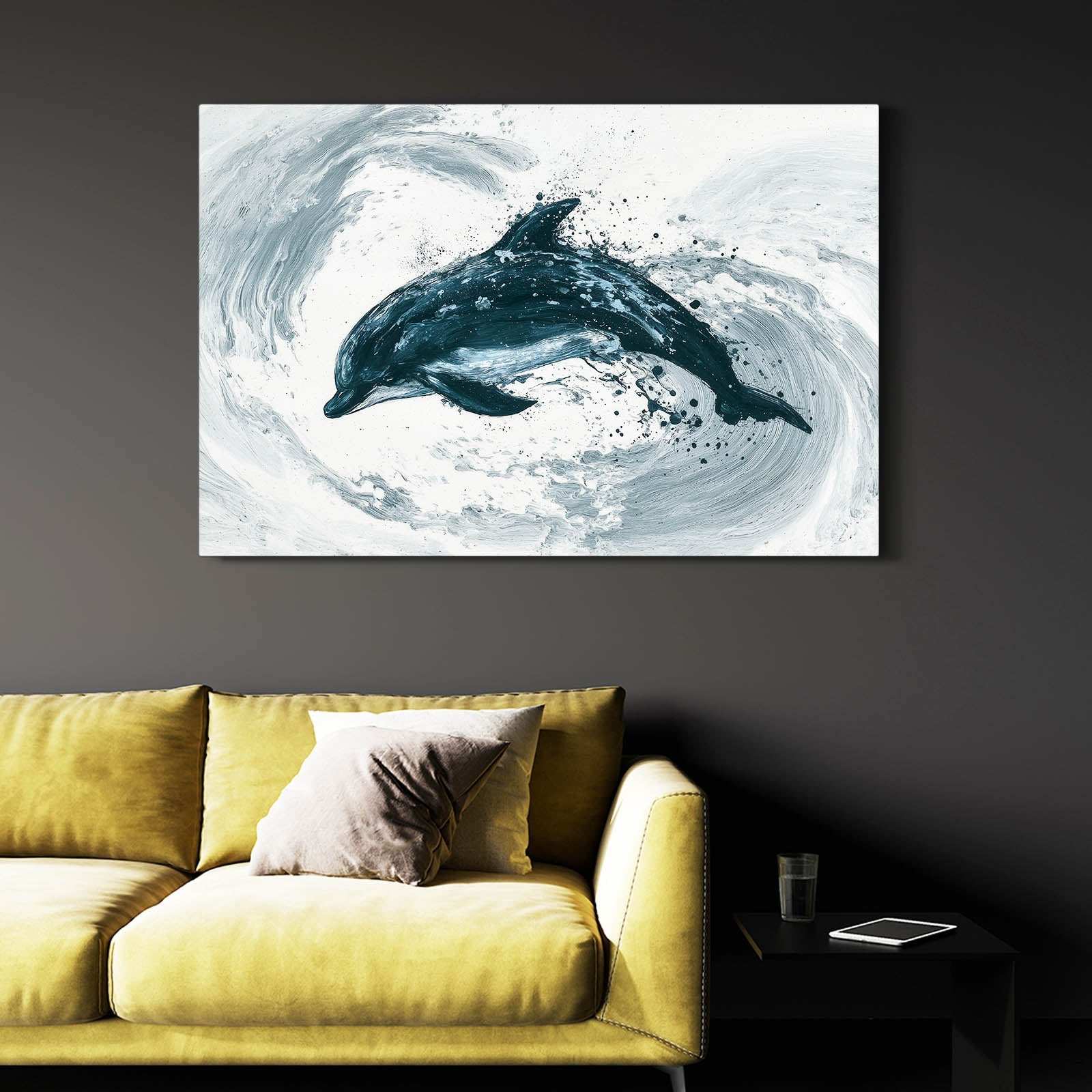 Teal Swirl Dolphin Art – styled in a furnished interior