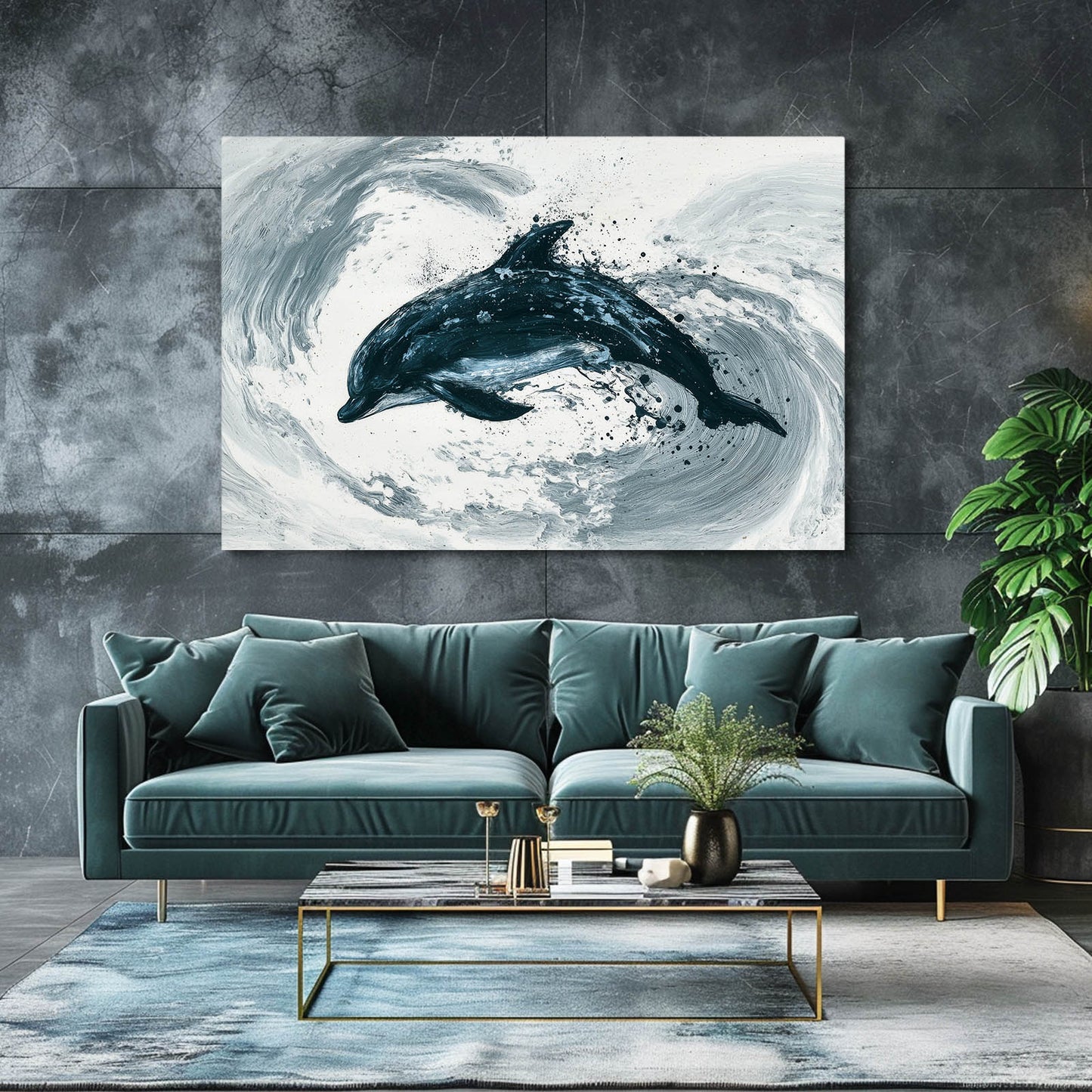 Teal Swirl Dolphin Art – styled in a furnished interior