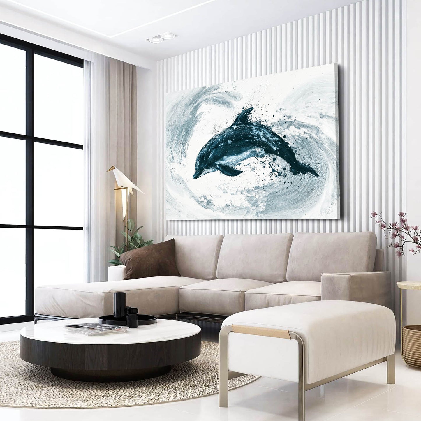 Teal Swirl Dolphin Art – styled in a furnished interior