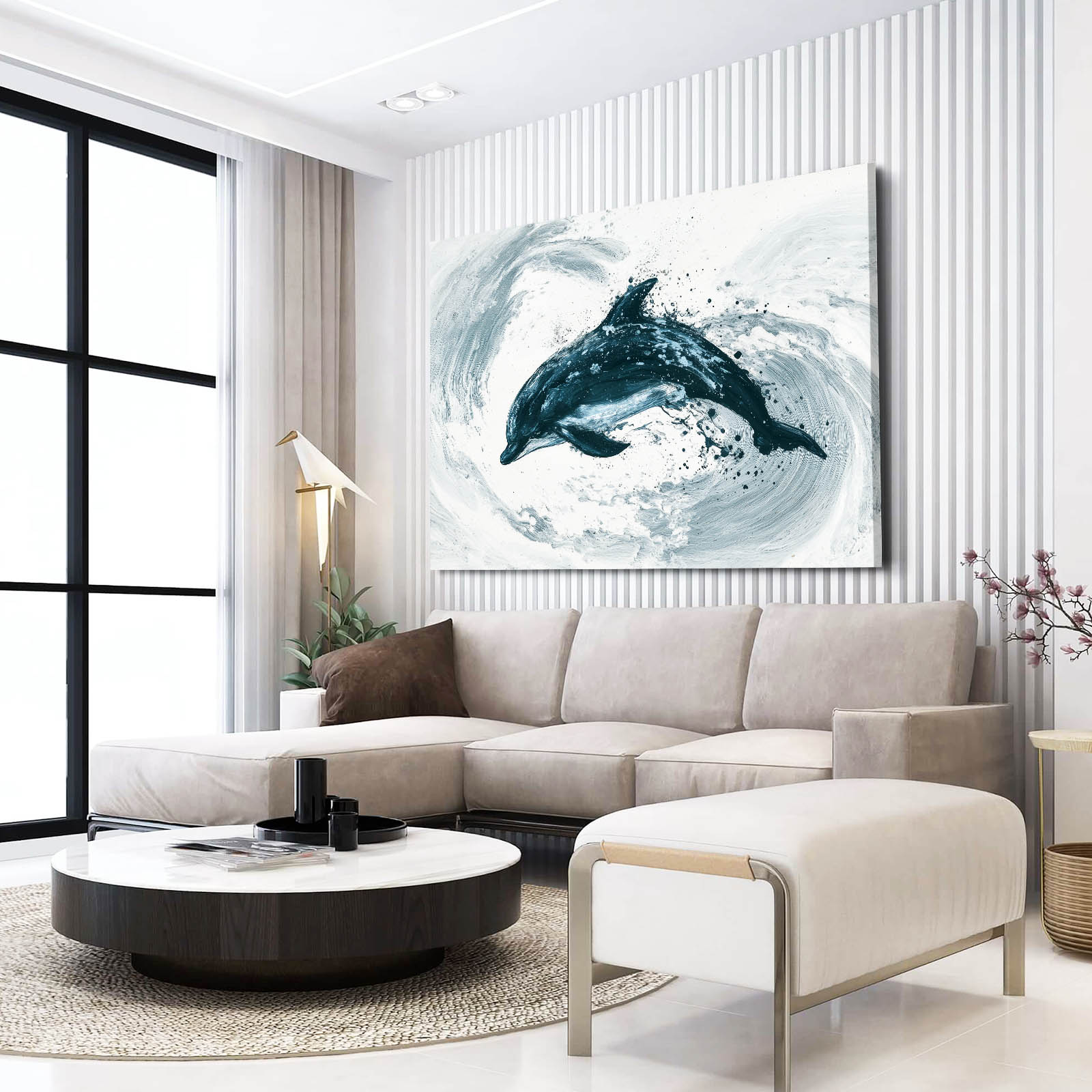 Teal Swirl Dolphin Art – styled in a furnished interior