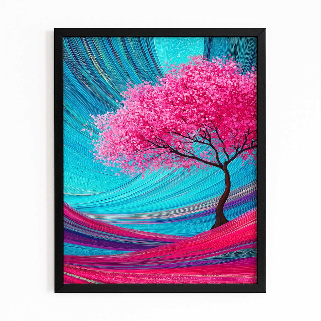 Teal Swirl Tree Cherry Blossom Wall Art – with Premium Black frame on white background