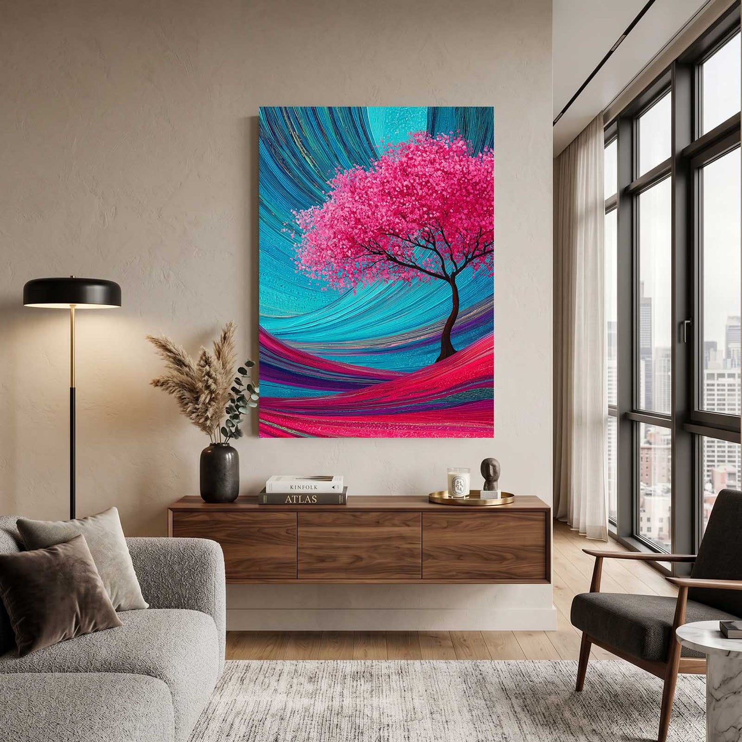 Teal Swirl Tree Cherry Blossom Wall Art – styled in a furnished interior