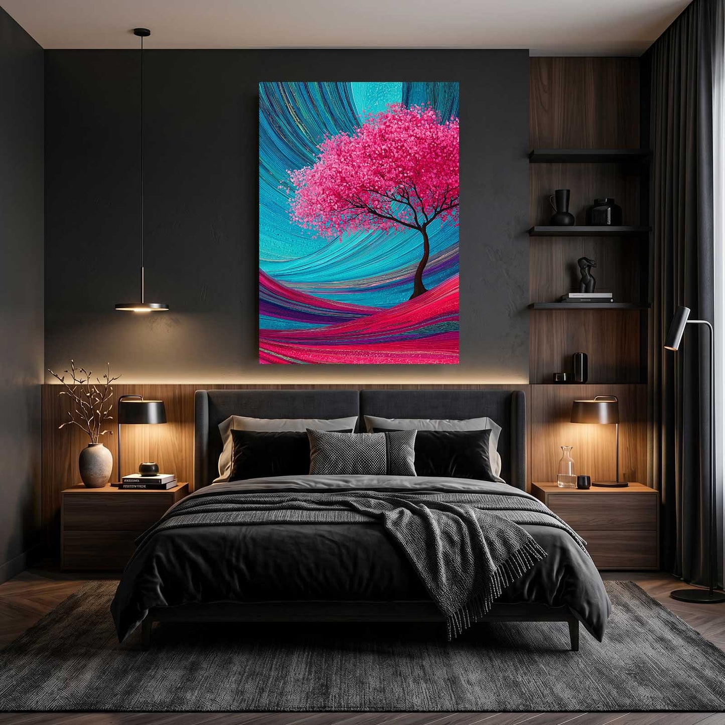 Teal Swirl Tree Cherry Blossom Wall Art – styled in a furnished interior