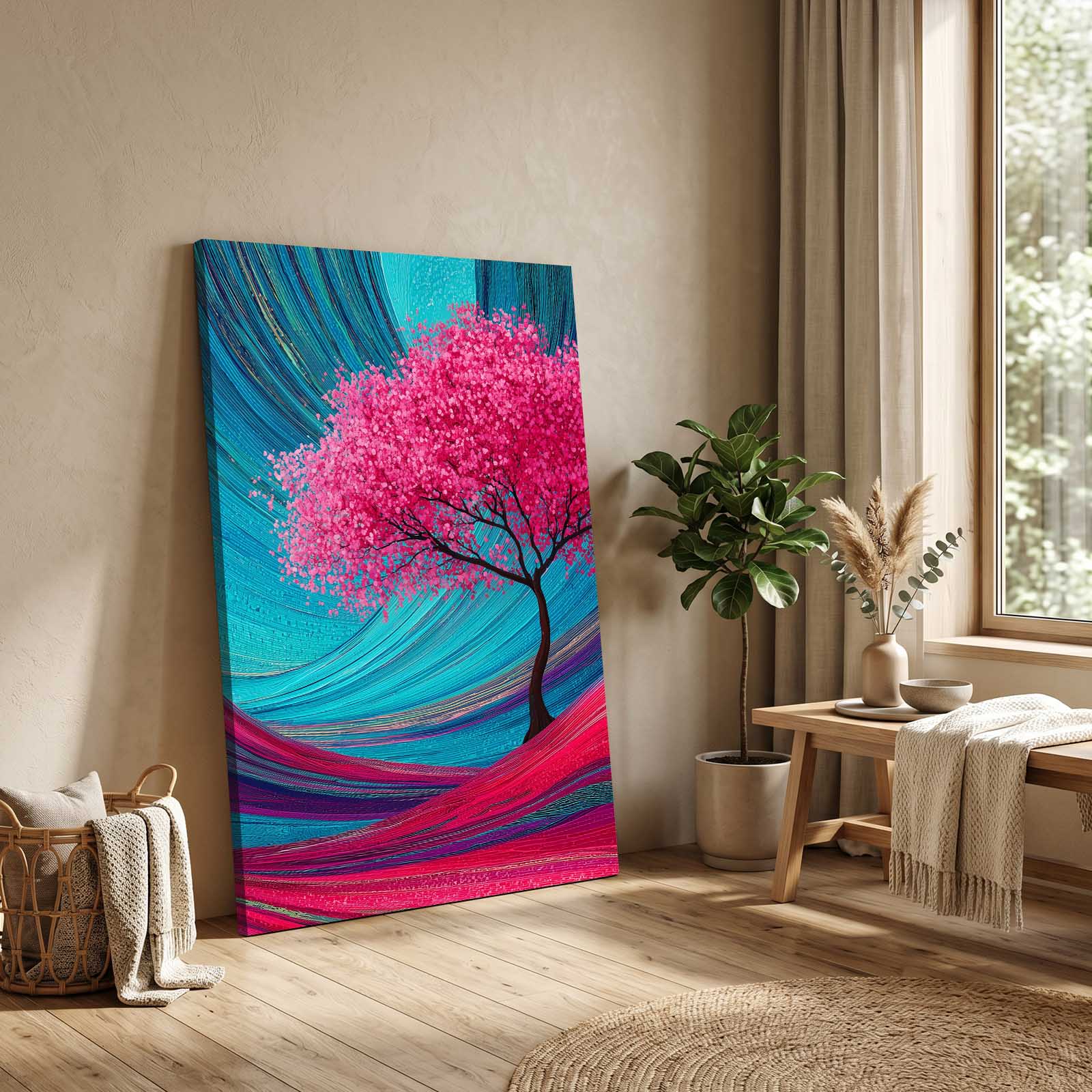 Teal Swirl Tree Cherry Blossom Wall Art – styled in a furnished interior