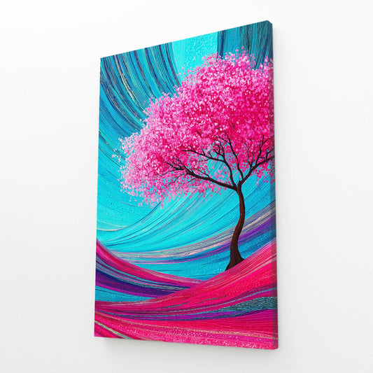 Teal Swirl Tree Cherry Blossom Wall Art – angled canvas view on white background