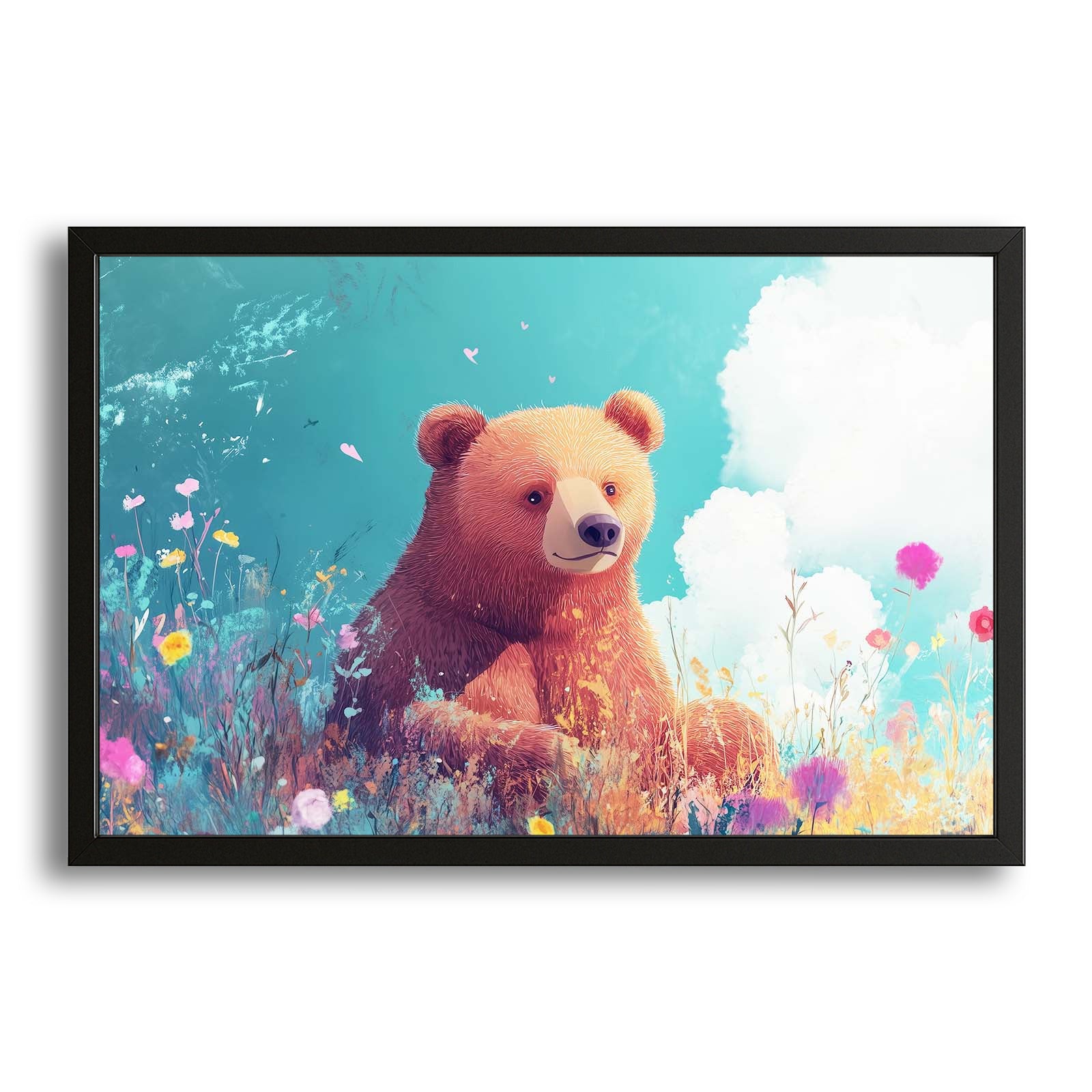 Teddy Bear Nursery Wall Art — anime canvas print in blue tones, with Premium Black frame on white background