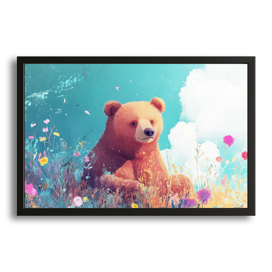 Teddy Bear Nursery Wall Art — anime canvas print in blue tones, with Premium Black frame on white background