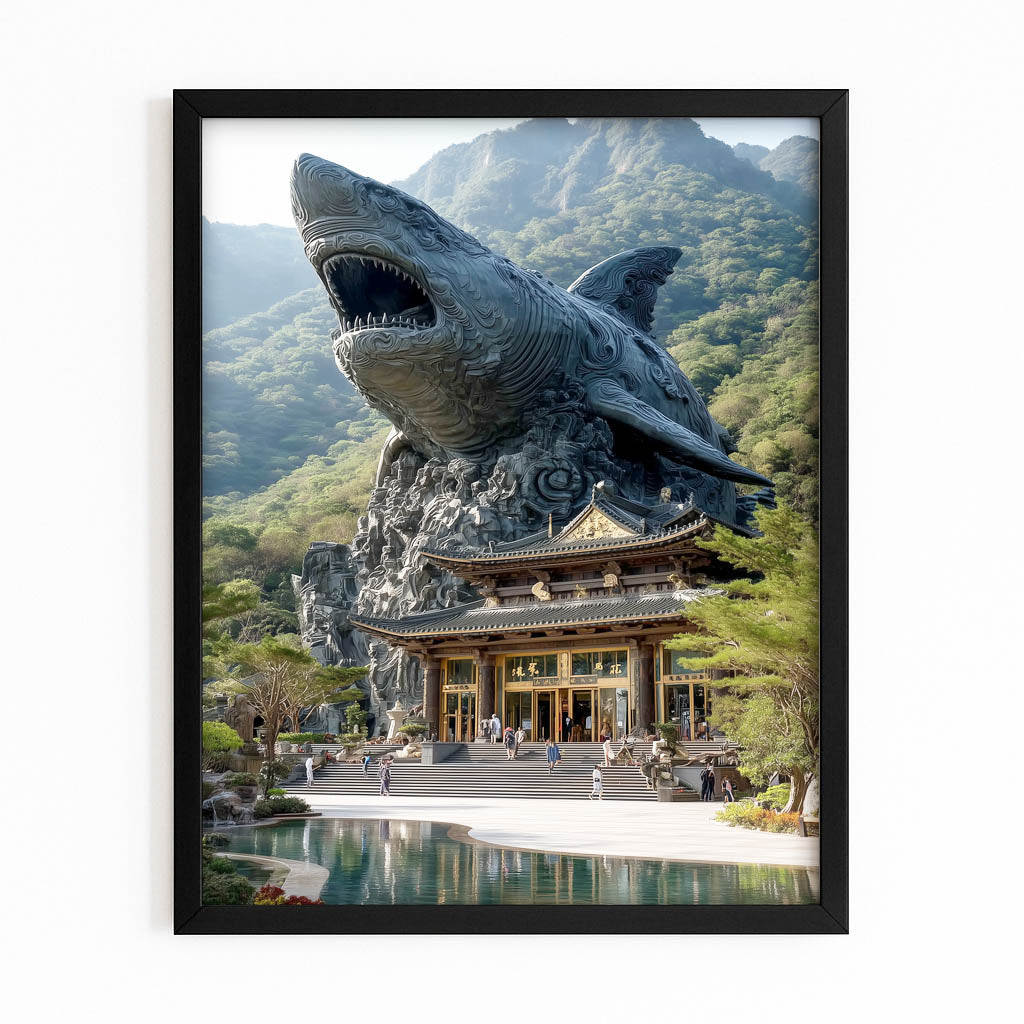 Temple Guardian Shark Prints – with Premium Black frame on white background