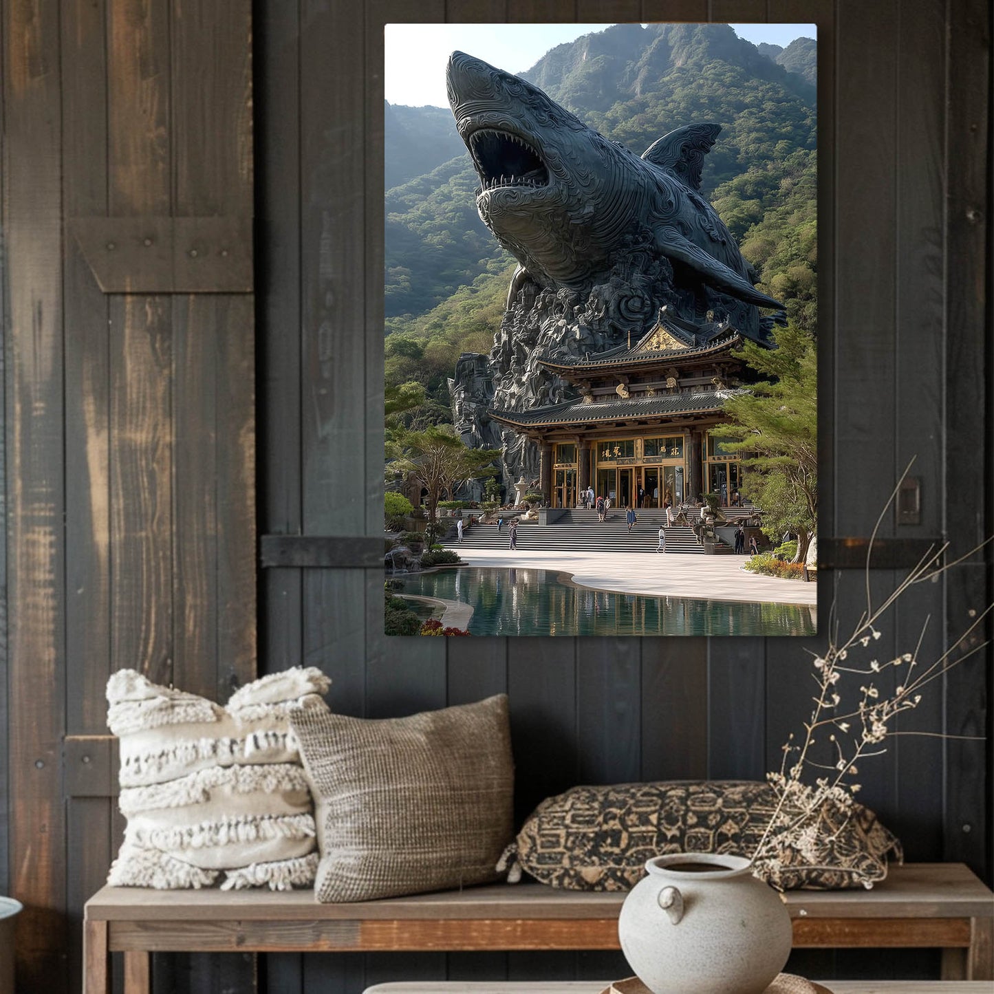 Temple Guardian Shark Prints – styled in a furnished interior