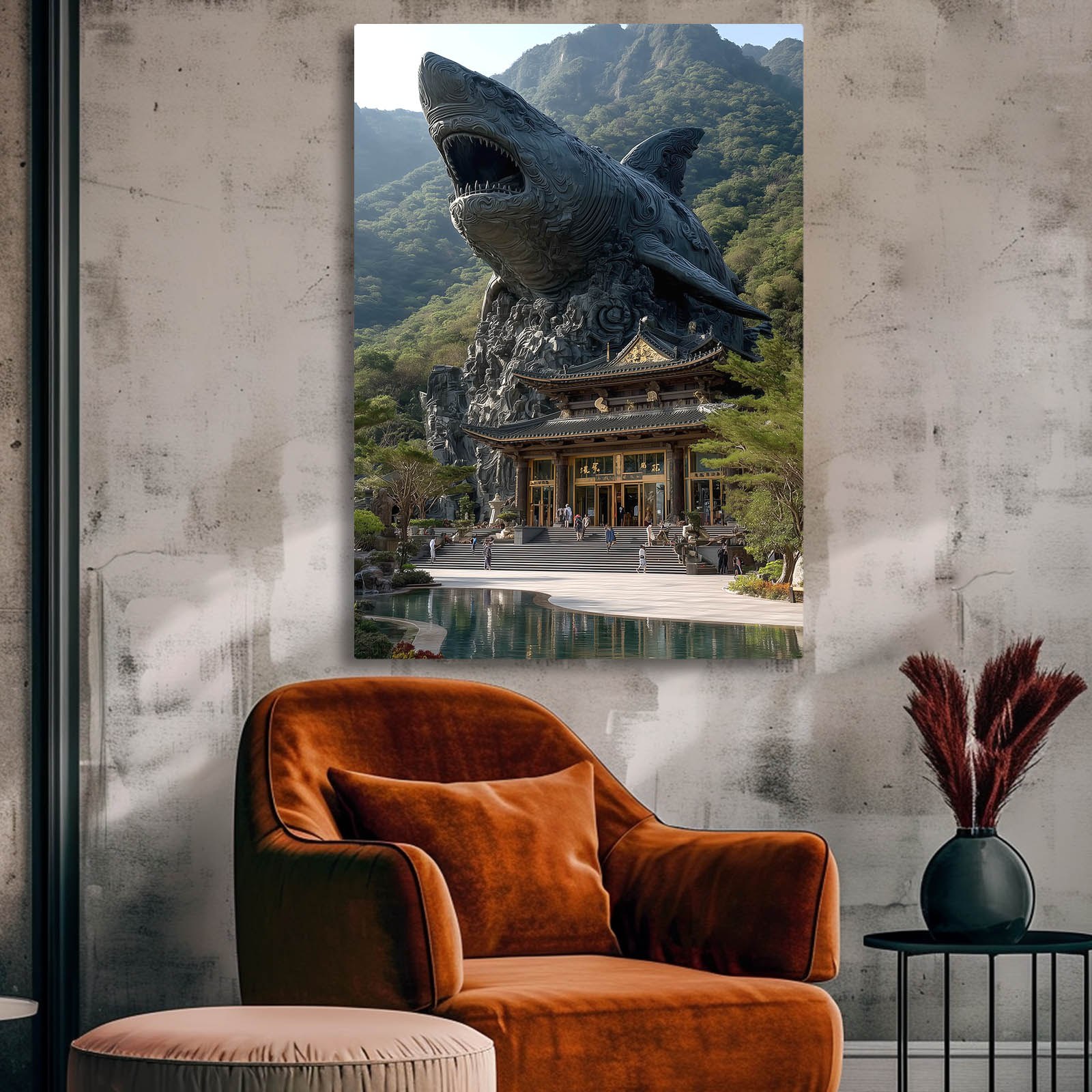 Temple Guardian Shark Prints – styled in a furnished interior