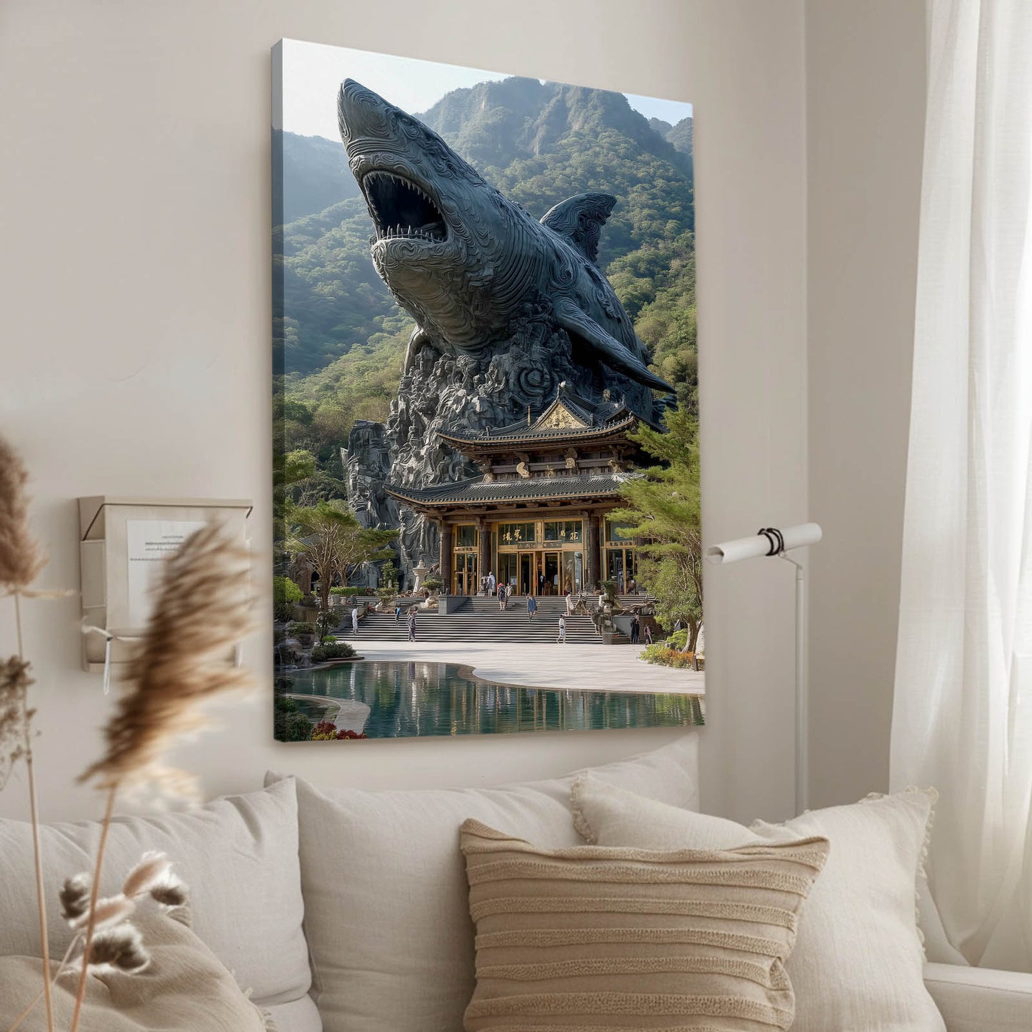 Temple Guardian Shark Prints – styled in a furnished interior