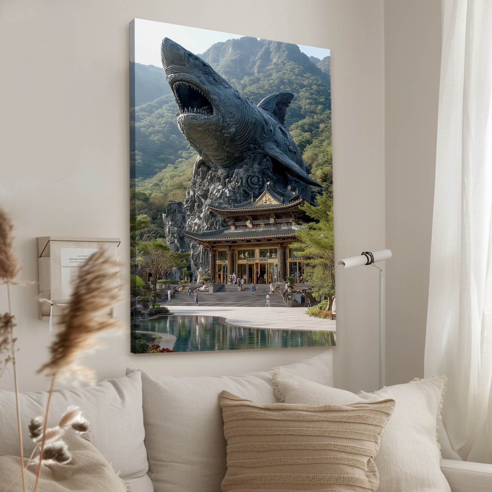 Temple Guardian Shark Prints – styled in a furnished interior