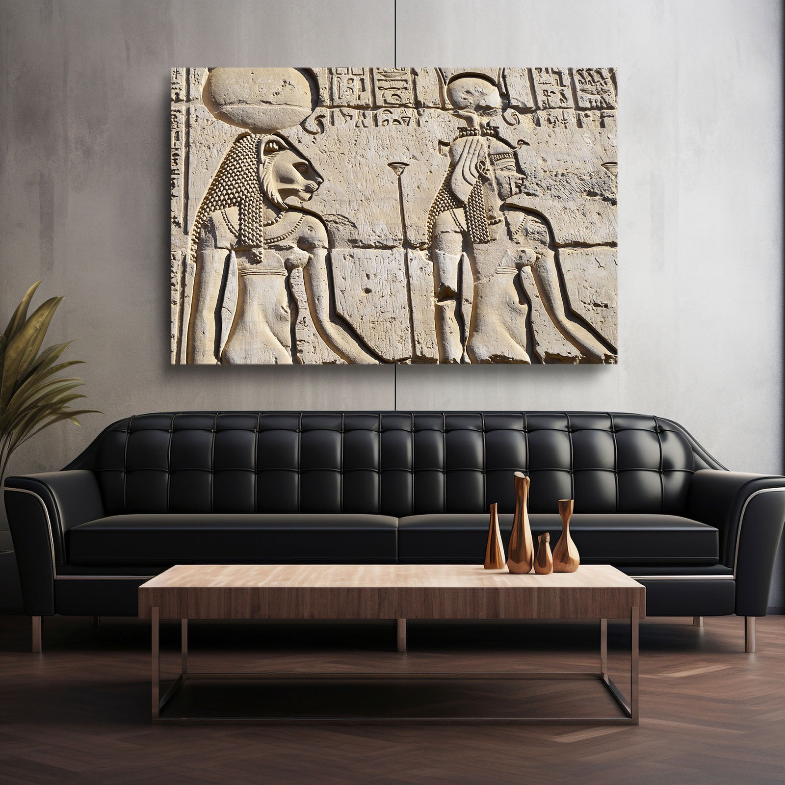 Temple Relief Carving Egyptian Wall Decor – styled in a furnished interior