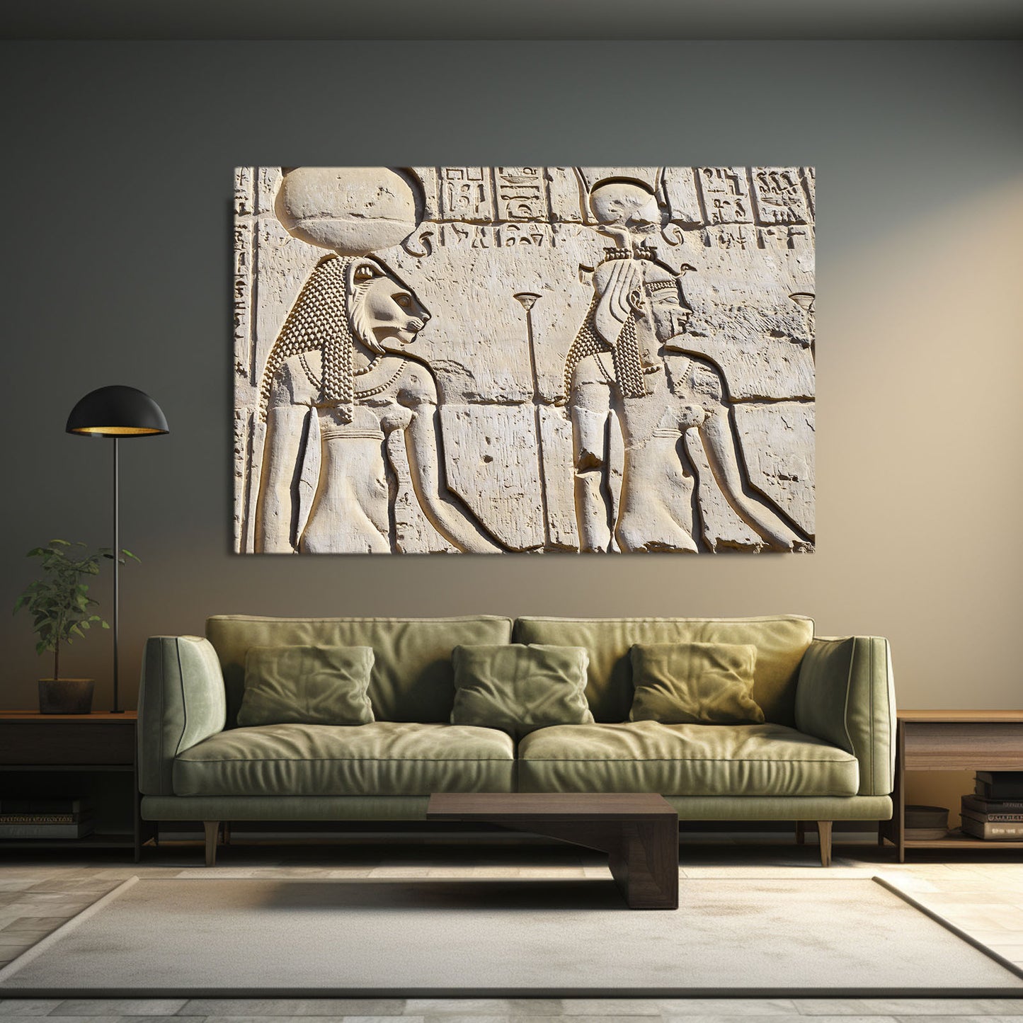 Temple Relief Carving Egyptian Wall Decor – styled in a furnished interior