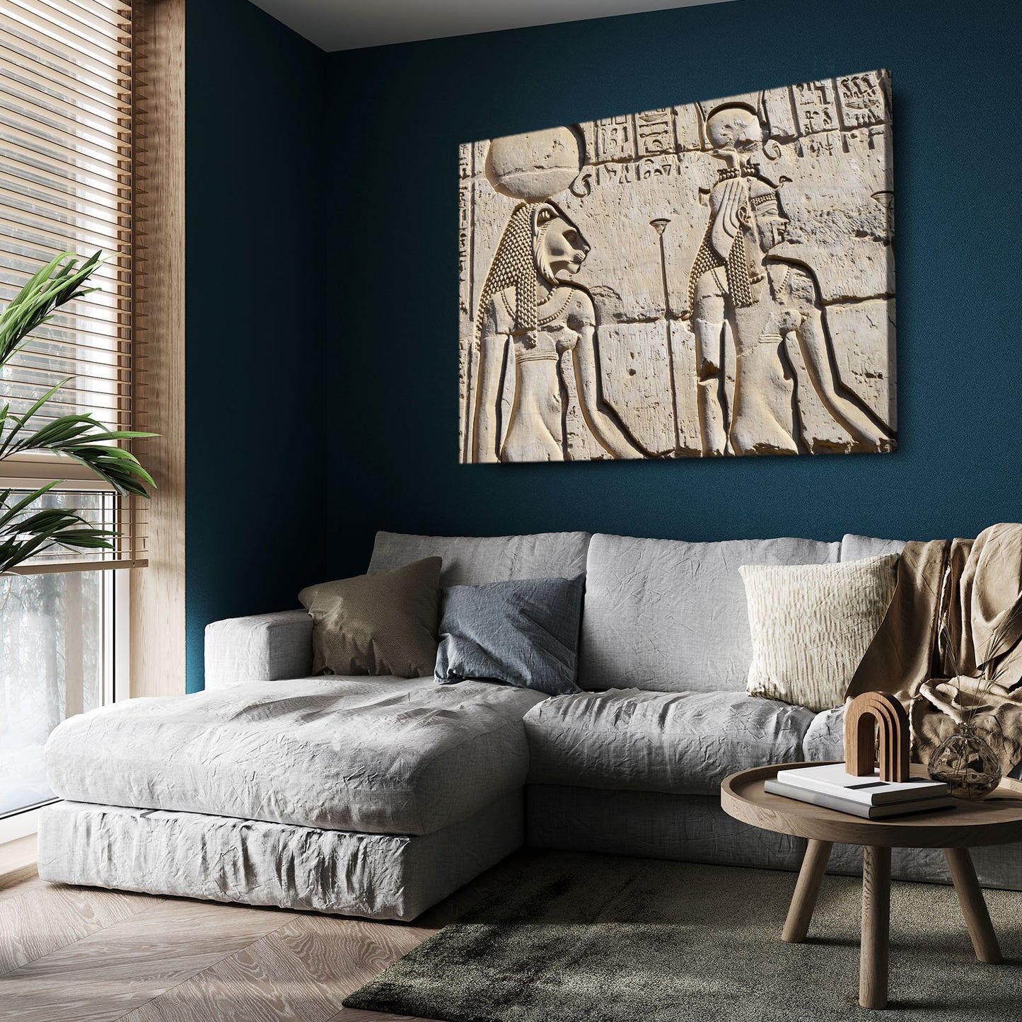 Temple Relief Carving Egyptian Wall Decor – styled in a furnished interior