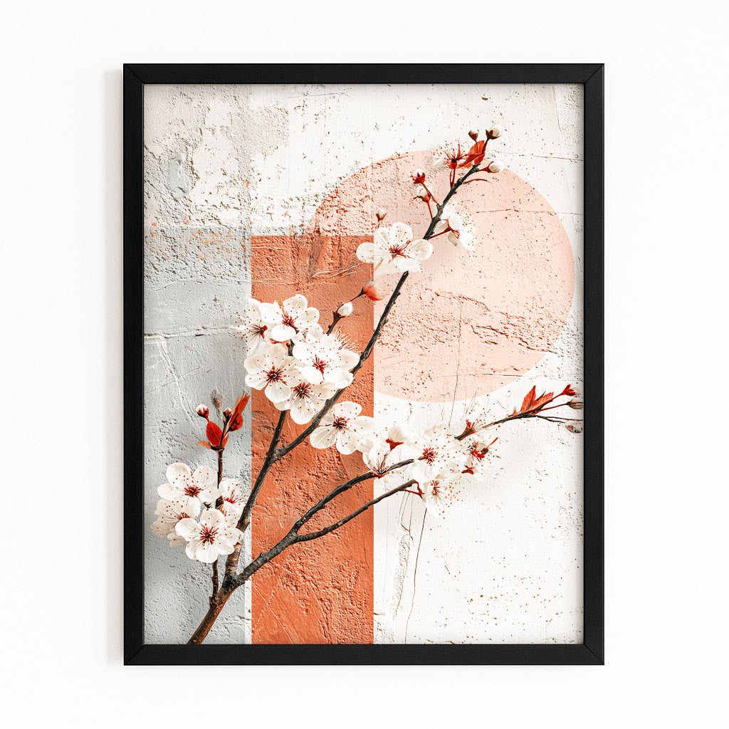 Terracotta Sun Branch Cherry Blossom Canvas Art – with Premium Black frame on white background