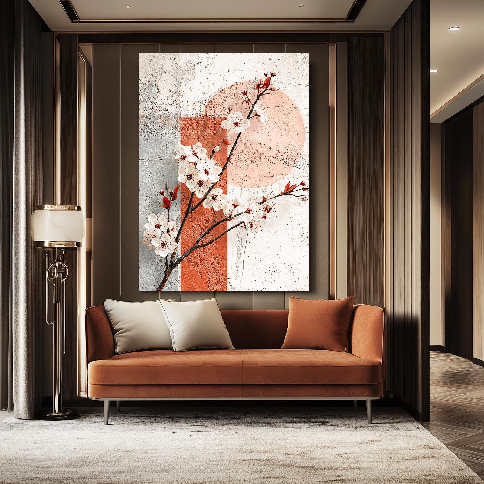 Terracotta Sun Branch Cherry Blossom Canvas Art – styled in a furnished interior