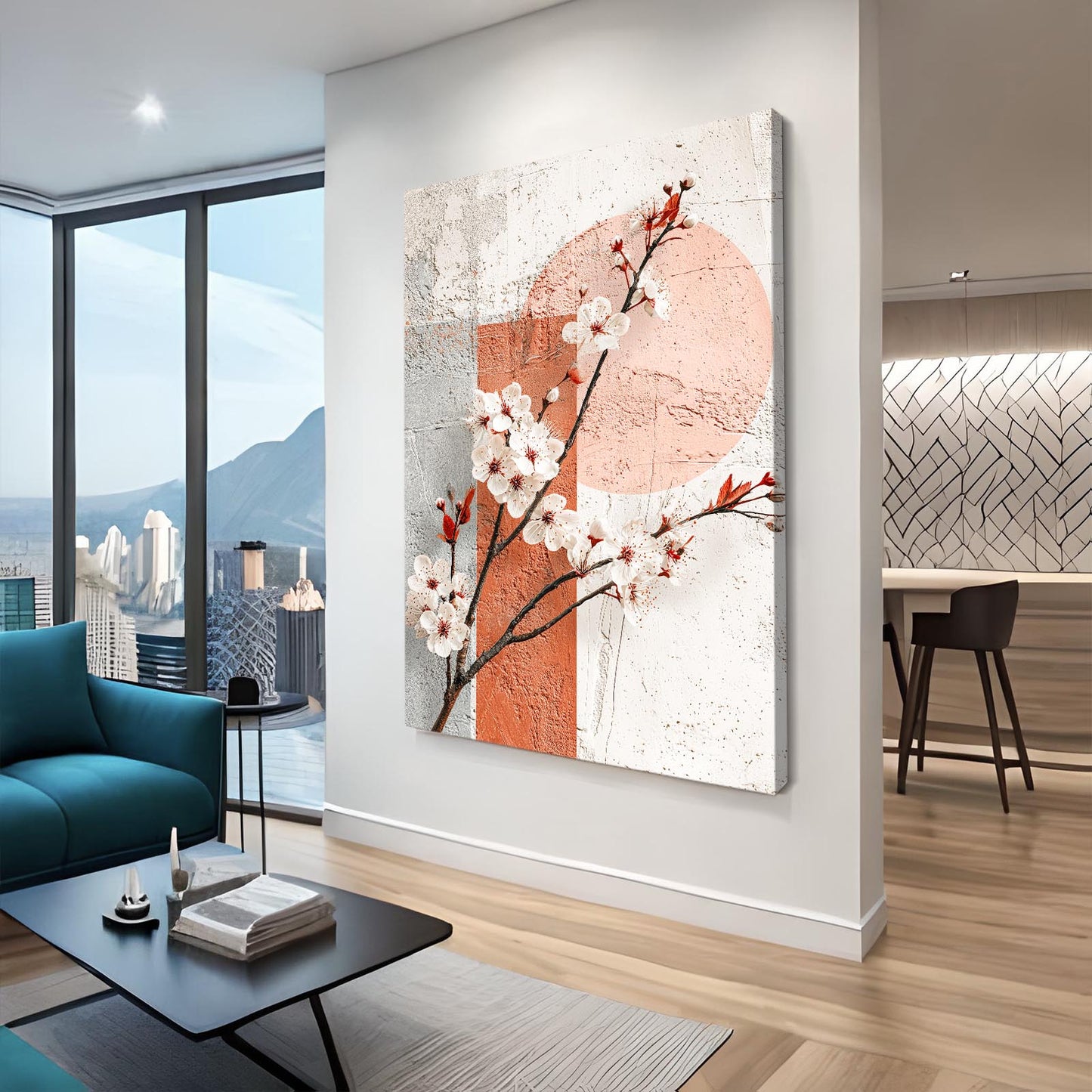 Terracotta Sun Branch Cherry Blossom Canvas Art – styled in a furnished interior
