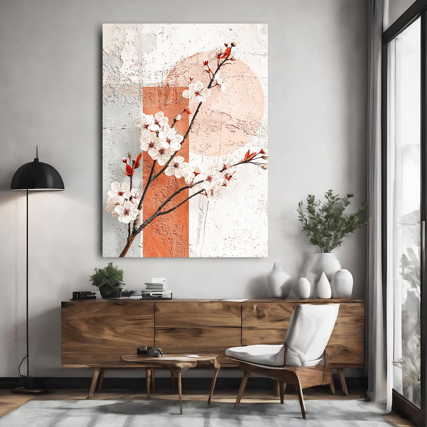 Terracotta Sun Branch Cherry Blossom Canvas Art – styled in a furnished interior
