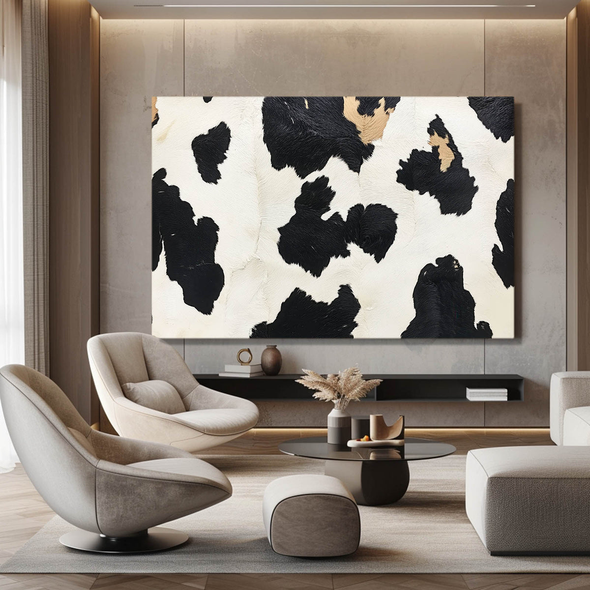 Textured Cow Print Cool Wall Decor — contemporary canvas print, styled in a furnished interior