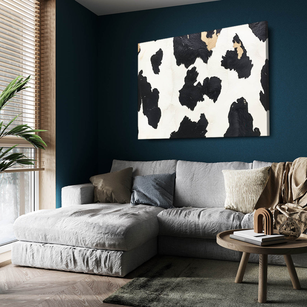 Textured Cow Print Cool Wall Decor — contemporary canvas print, styled in a furnished interior
