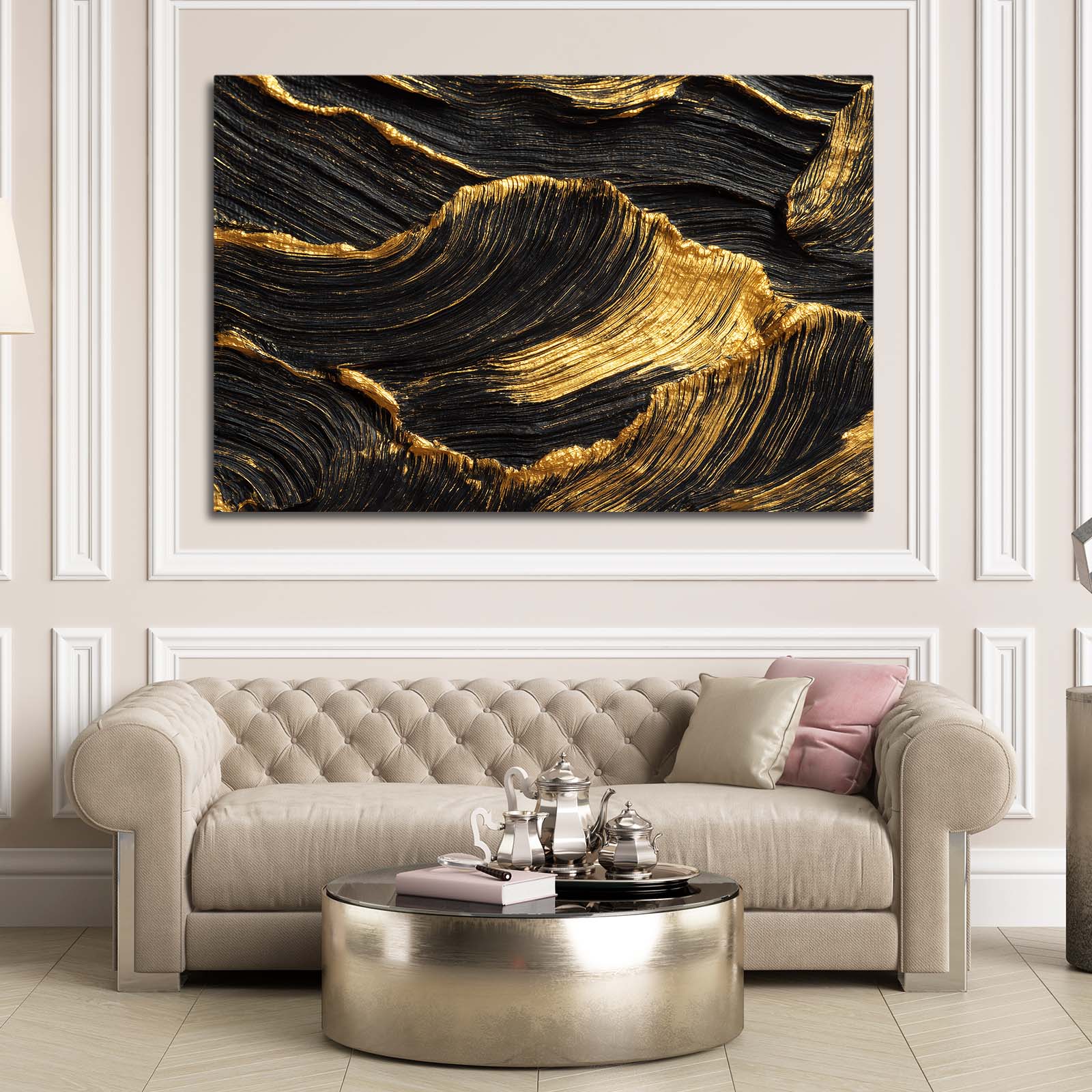 Textured Gold Waves Prints – styled in a furnished interior