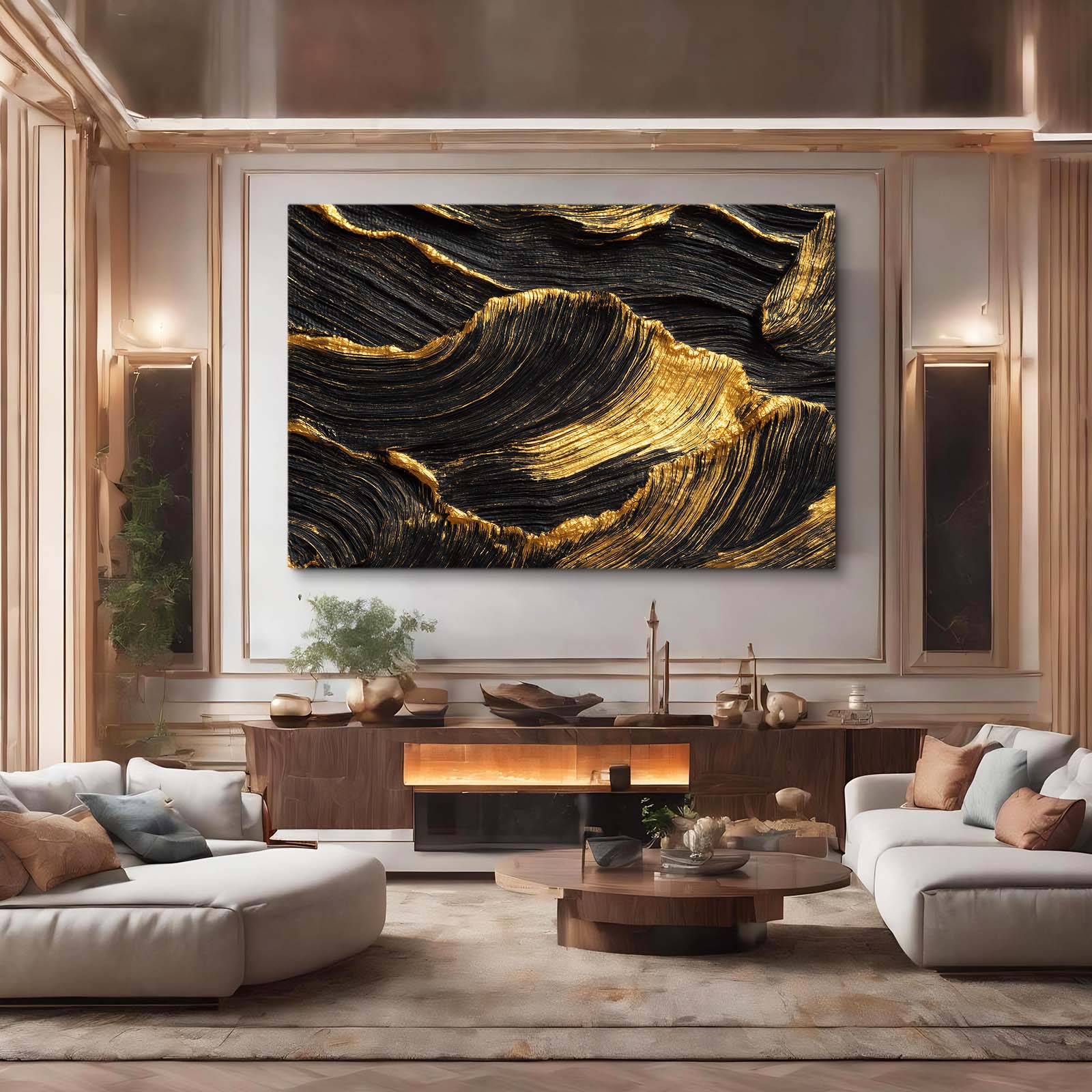 Textured Gold Waves Prints – styled in a furnished interior