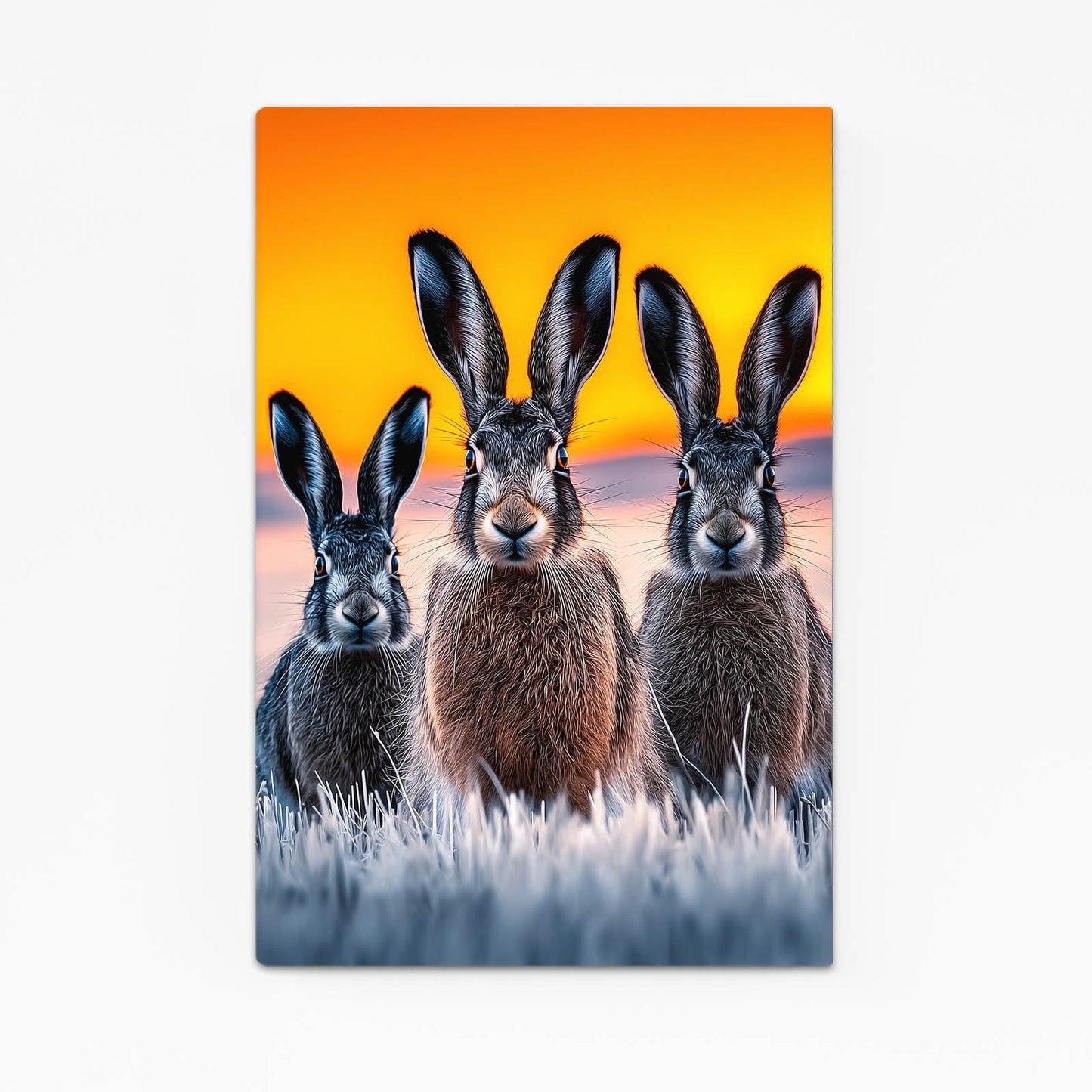Three Rabbit Wall Art – angled canvas view on white background