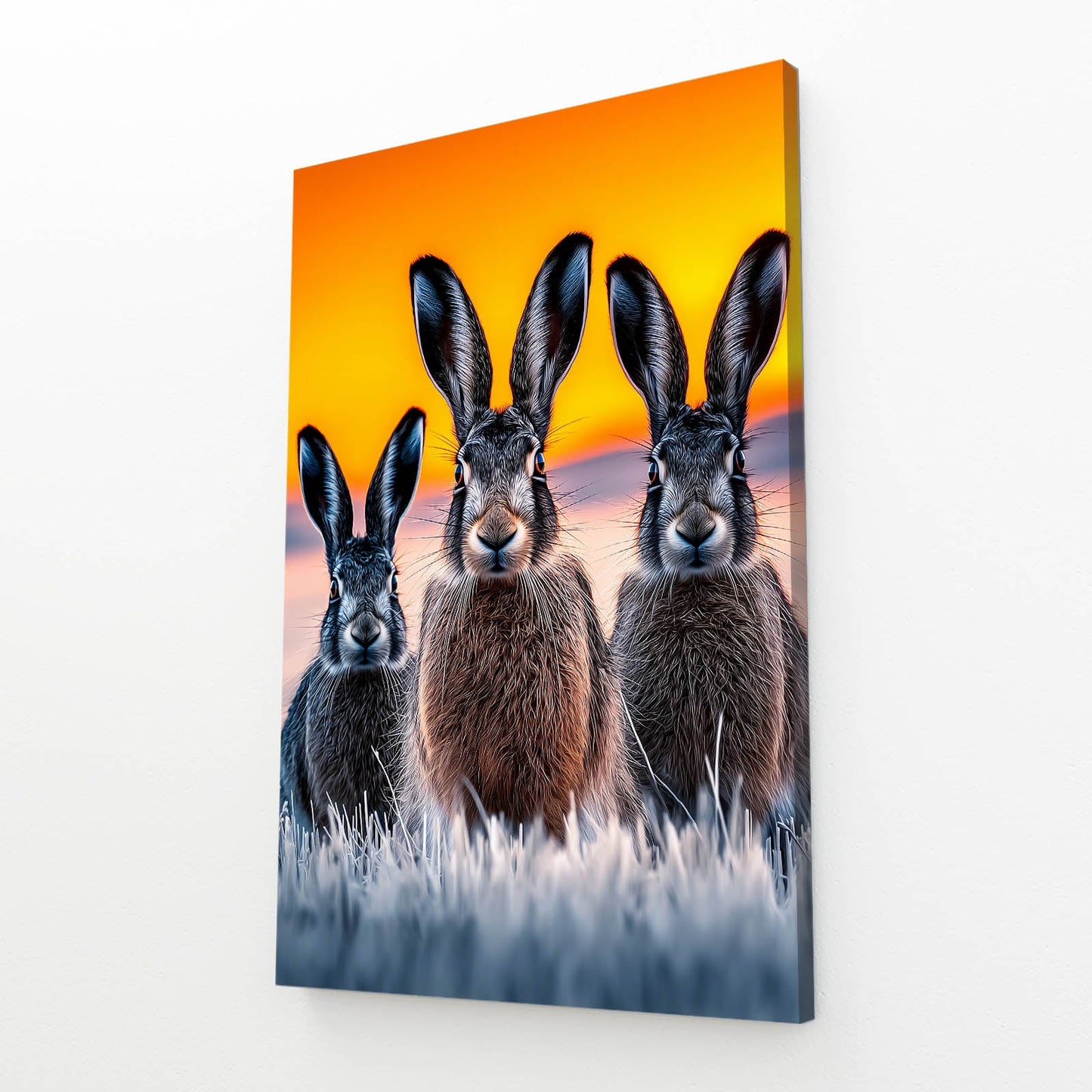 Three Rabbit Wall Art – angled canvas view on white background