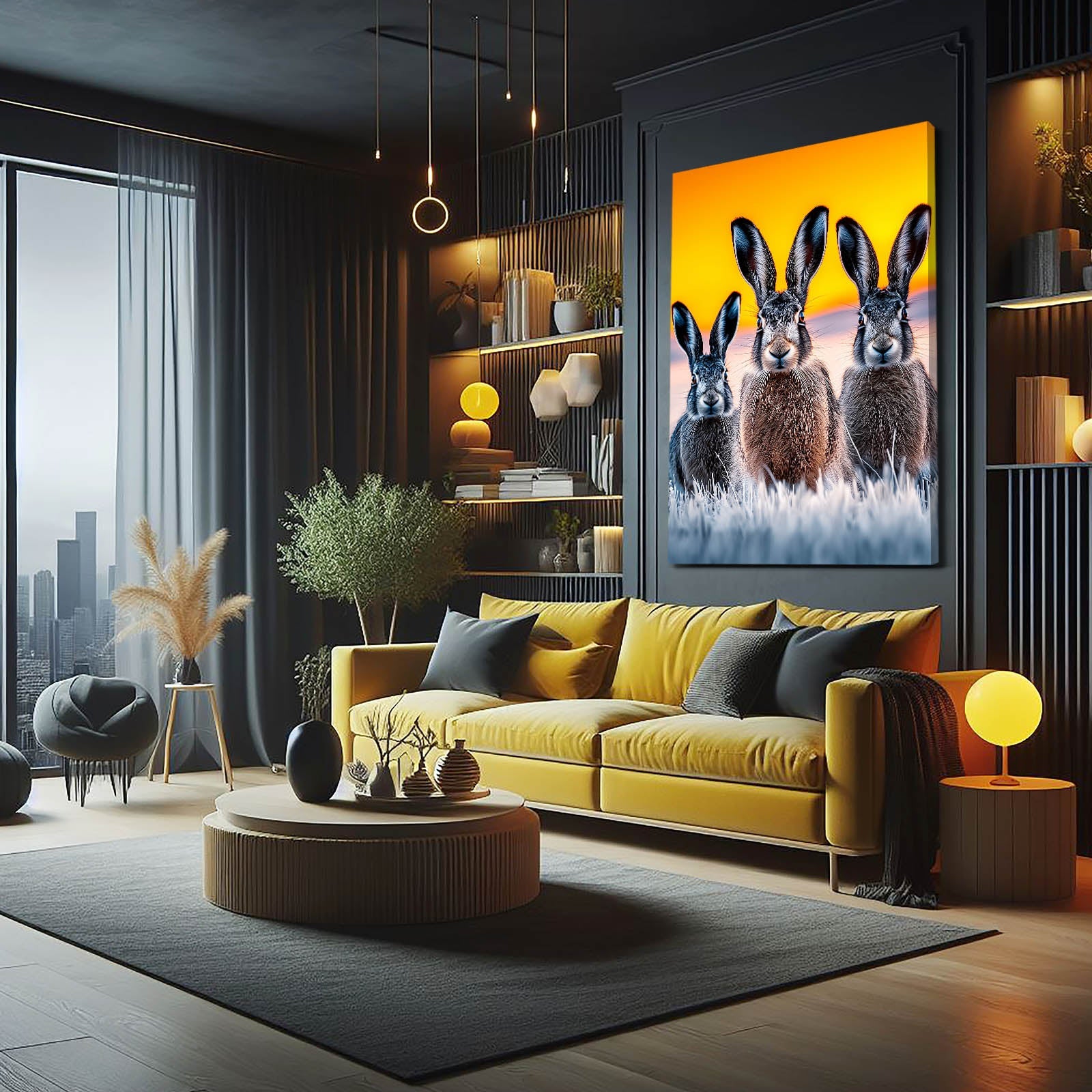 Three Rabbit Wall Art – angled canvas view on white background