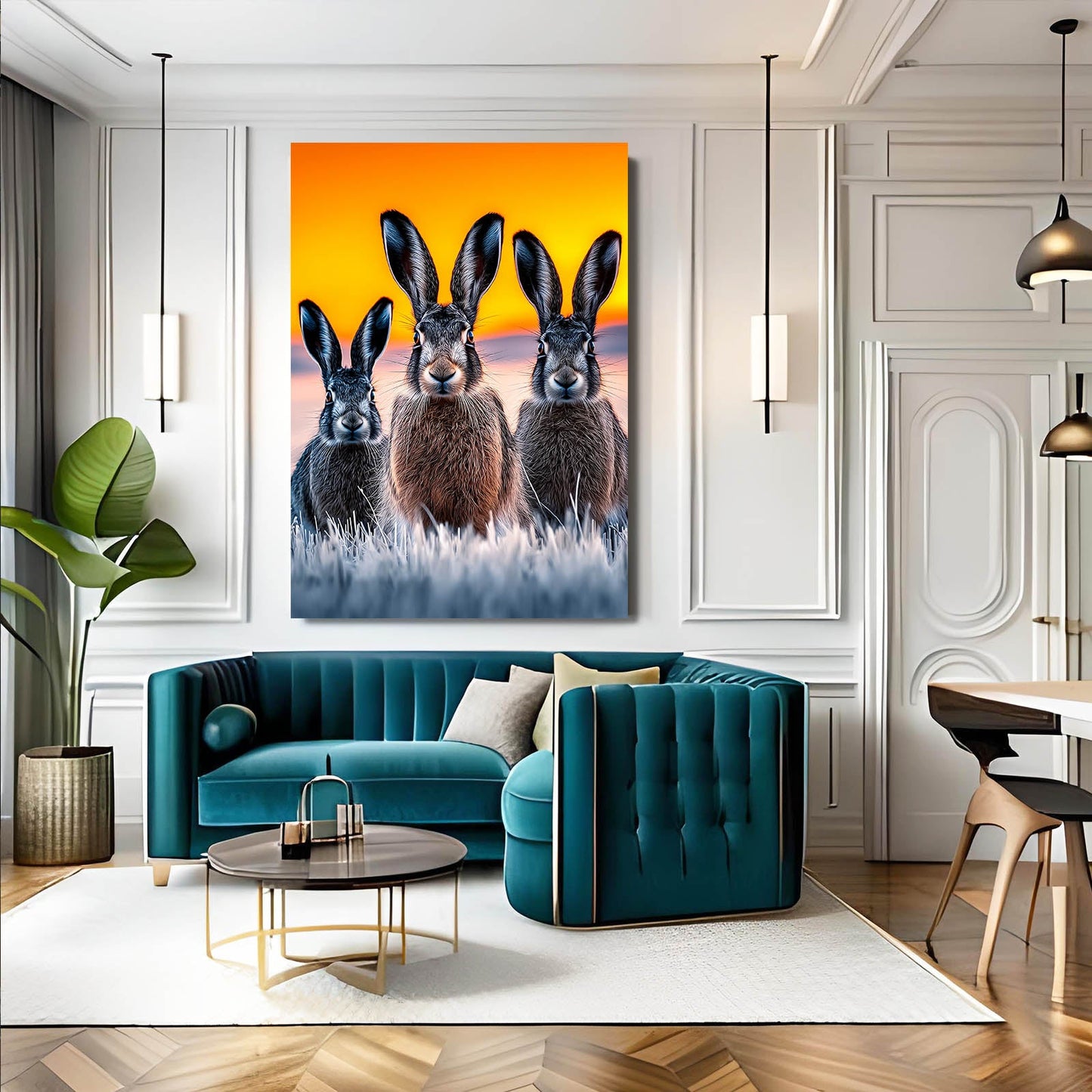 Three Rabbit Wall Art – angled canvas view on white background