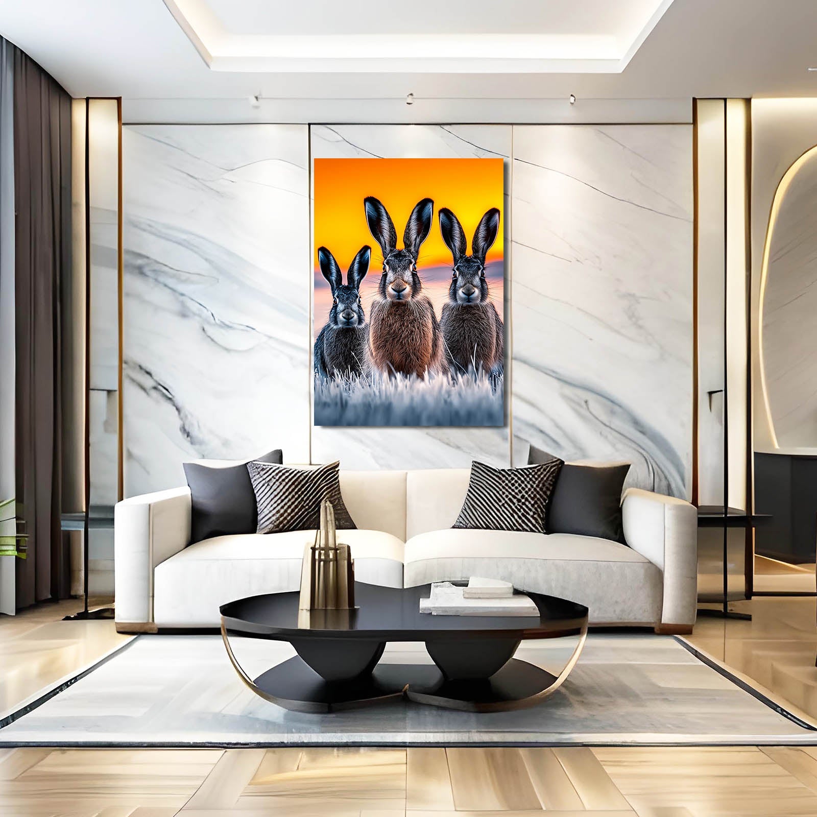 Three Rabbit Wall Art – angled canvas view on white background