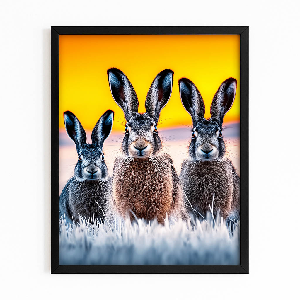 Three Rabbit Wall Art – with Premium Black frame on white background
