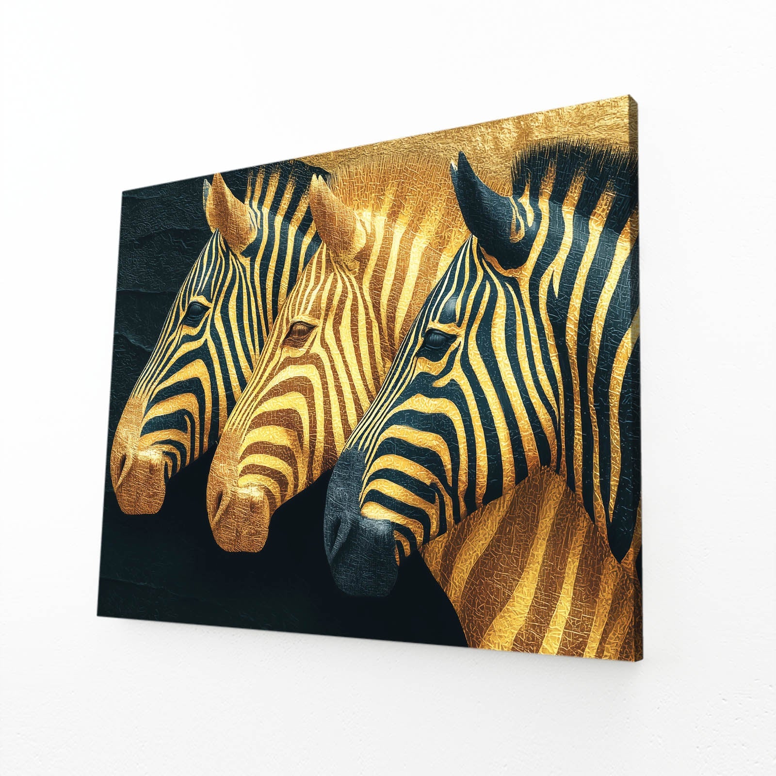 Three Zebra Wall Art – angled canvas view on white background