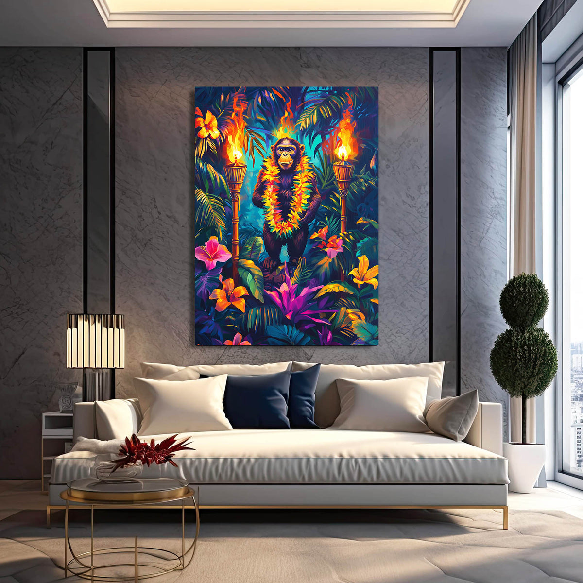 Tiki Torch Bloom Monkey Canvas Art — contemporary canvas print, styled in a furnished interior