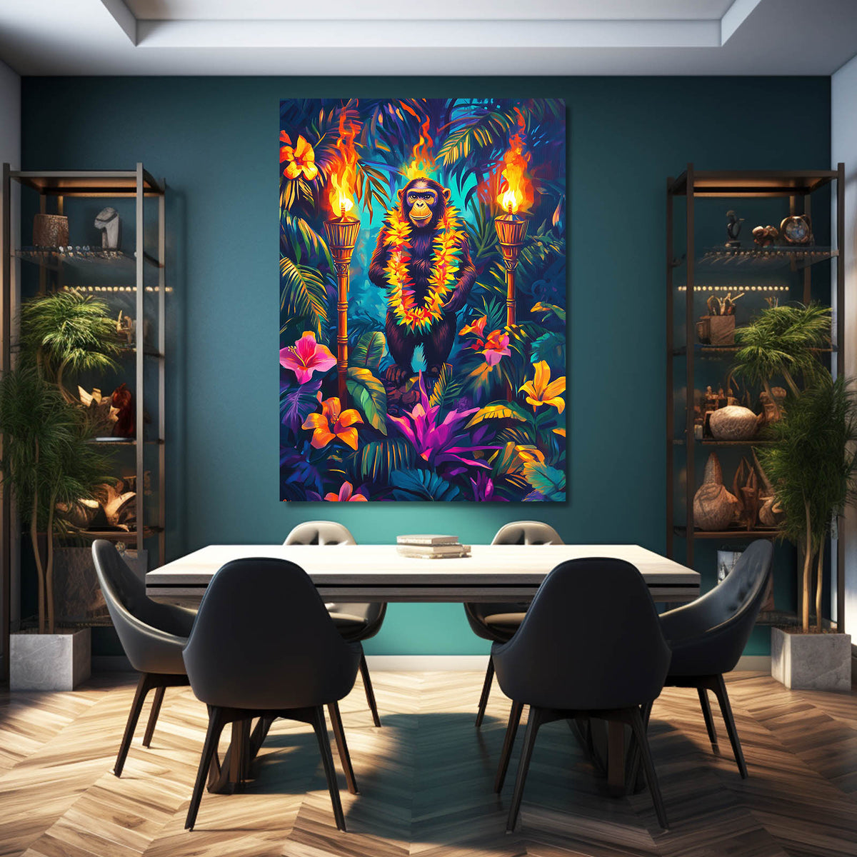 Tiki Torch Bloom Monkey Canvas Art — contemporary canvas print, styled in a furnished interior