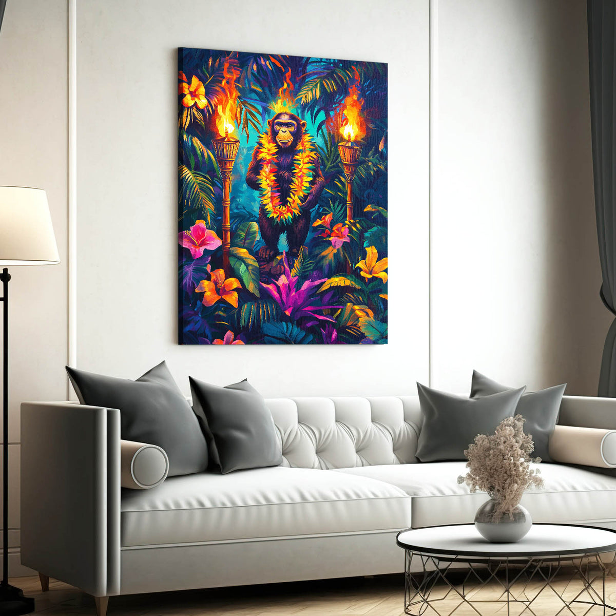 Tiki Torch Bloom Monkey Canvas Art — contemporary canvas print, styled in a furnished interior