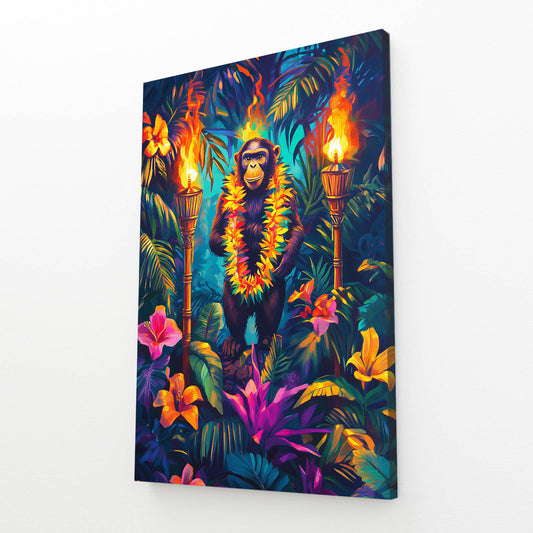 Tiki Torch Bloom Monkey Canvas Art – angled canvas view on white background